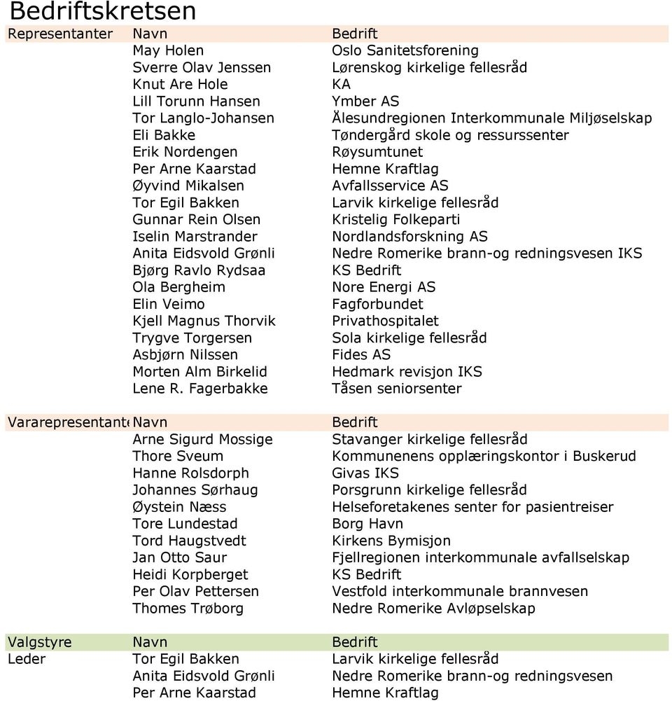 Larvik kirkelige fellesråd Gunnar Rein Olsen Kristelig Folkeparti Iselin Marstrander Nordlandsforskning AS Anita Eidsvold Grønli Nedre Romerike brann-og redningsvesen IKS Bjørg Ravlo Rydsaa KS