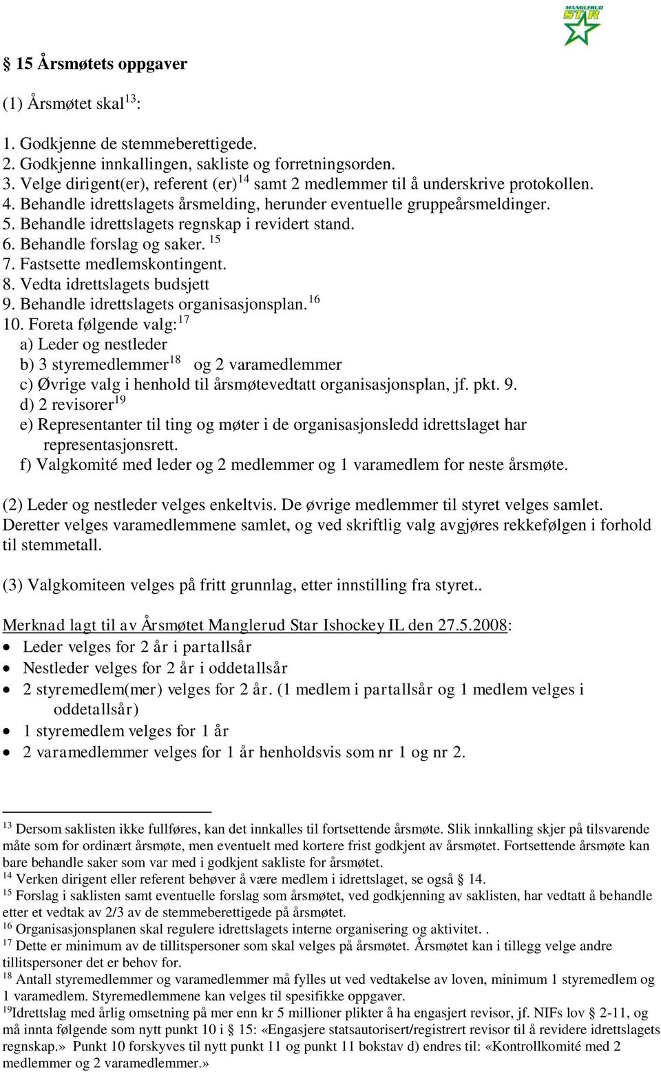 Behandle idrettslagets regnskap i revidert stand. 6. Behandle forslag og saker. 15 7. Fastsette medlemskontingent. 8. Vedta idrettslagets budsjett 9. Behandle idrettslagets organisasjonsplan. 16 10.