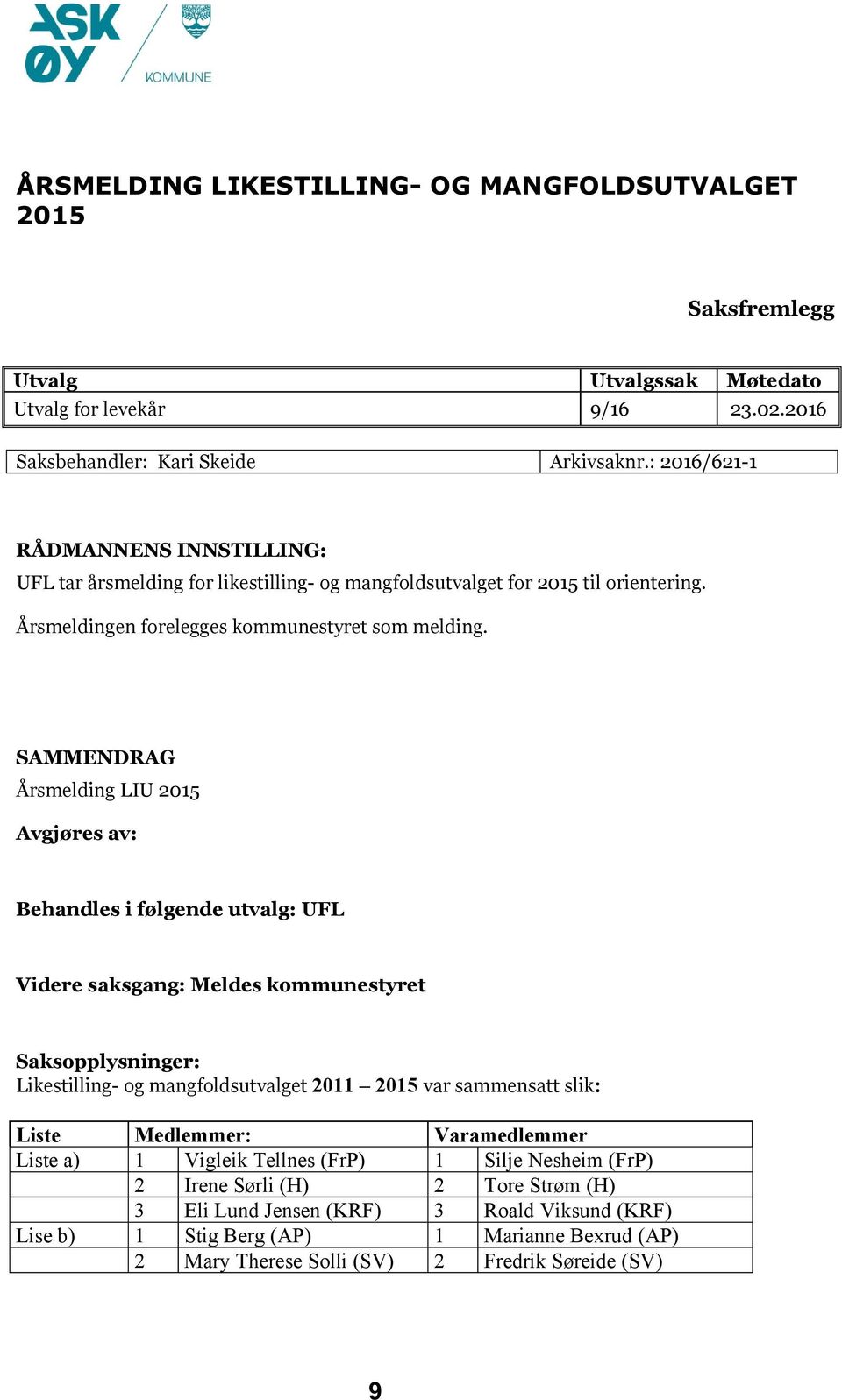 SAMMENDRAG Årsmelding LIU 2015 Avgjøres av: Behandles i følgende utvalg: UFL Videre saksgang: Meldes kommunestyret Saksopplysninger: Likestilling- og mangfoldsutvalget 2011 2015 var sammensatt slik: