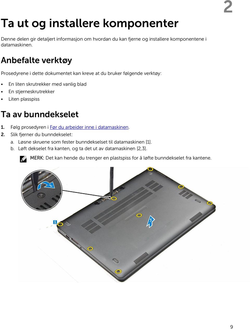 plasspiss Ta av bunndekselet 1. Følg prosedyren i Før du arbeider inne i datamaskinen. 2. Slik fjerner du bunndekselet: a.