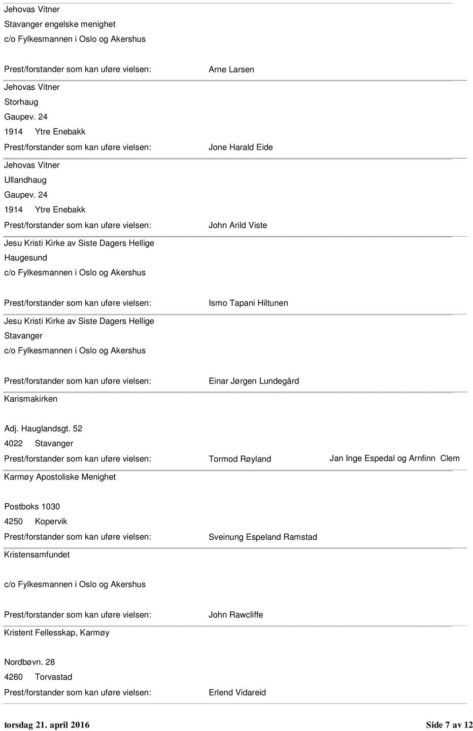 52 4022 Stavanger Karmøy Apostoliske Menighet Tormod Røyland Jan Inge Espedal og Arnfinn Clem Postboks 1030 4250 Kopervik Kristensamfundet