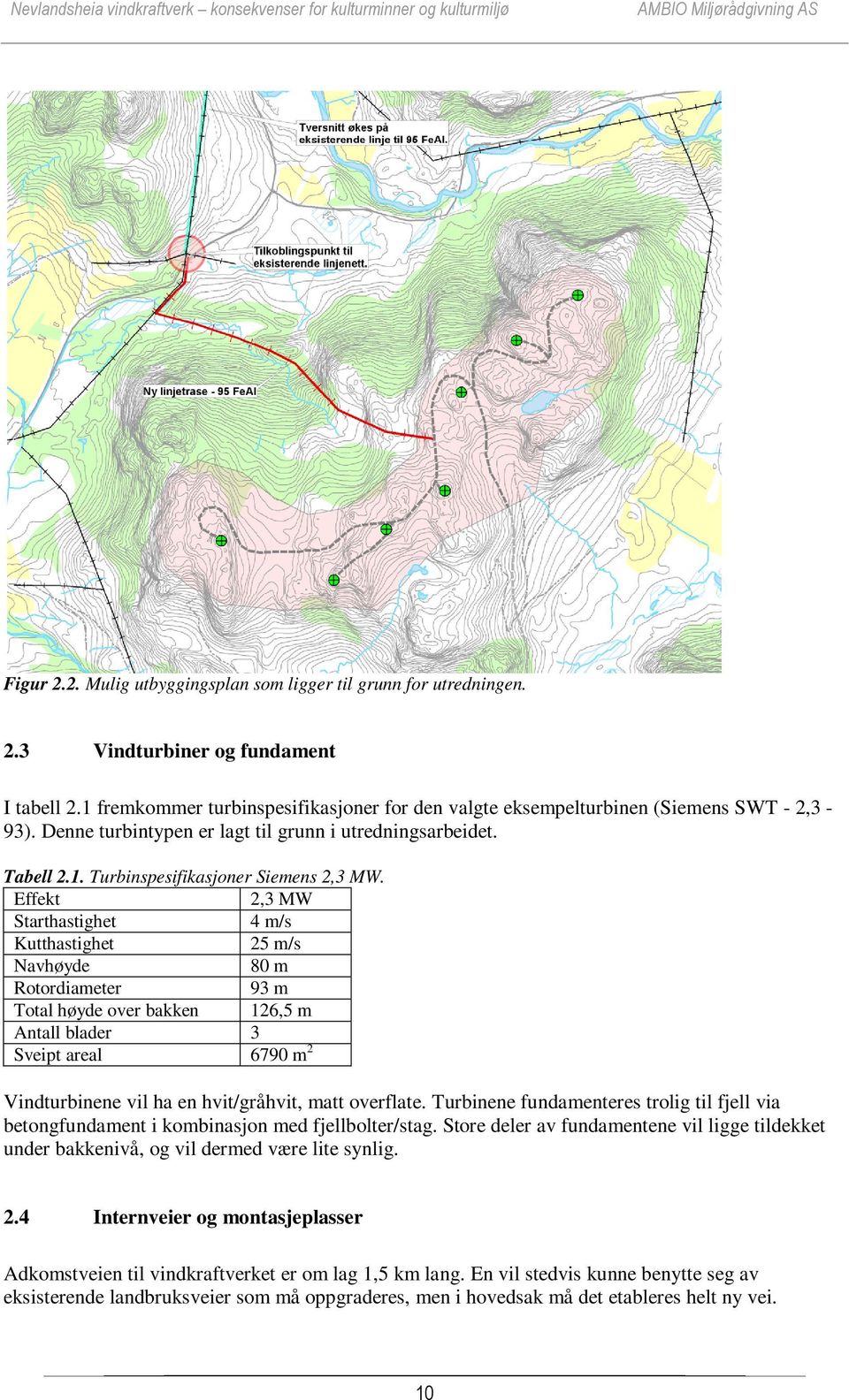 Effekt 2,3 MW Starthastighet 4 m/s Kutthastighet 25 m/s Navhøyde 80 m Rotordiameter 93 m Total høyde over bakken 126,5 m Antall blader 3 Sveipt areal 6790 m 2 Vindturbinene vil ha en hvit/gråhvit,