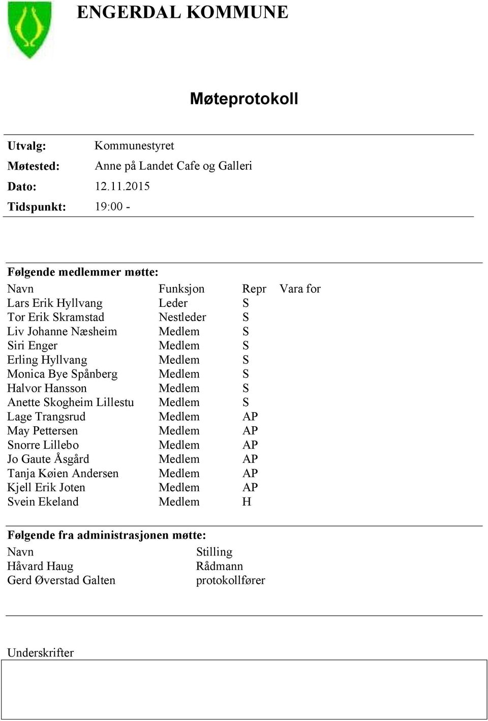 Medlem S Erling Hyllvang Medlem S Monica Bye Spånberg Medlem S Halvor Hansson Medlem S Anette Skogheim Lillestu Medlem S Lage Trangsrud Medlem AP May Pettersen Medlem AP