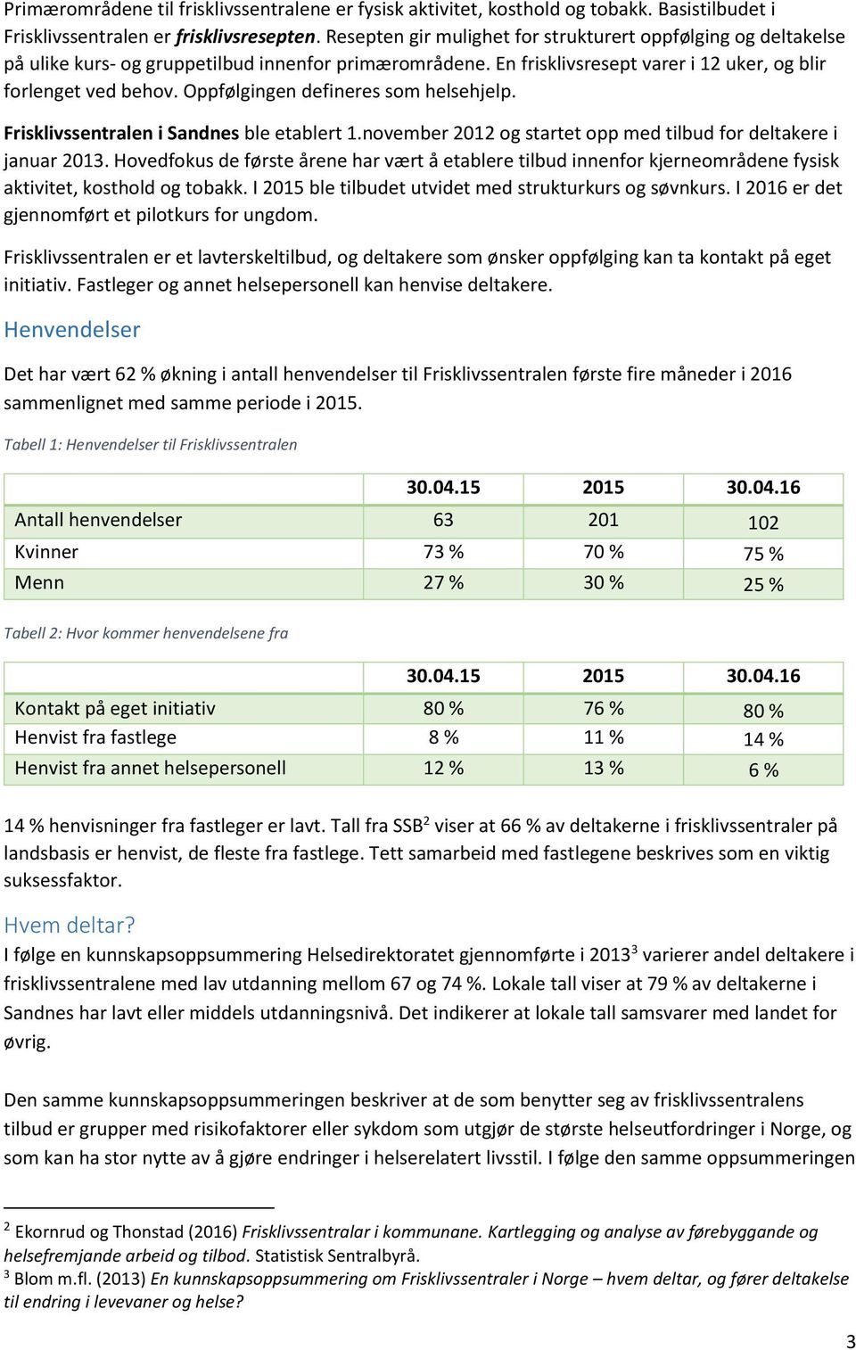 Oppfølgingen defineres som helsehjelp. Frisklivssentralen i Sandnes ble etablert 1.november 2012 og startet opp med tilbud for deltakere i januar 2013.