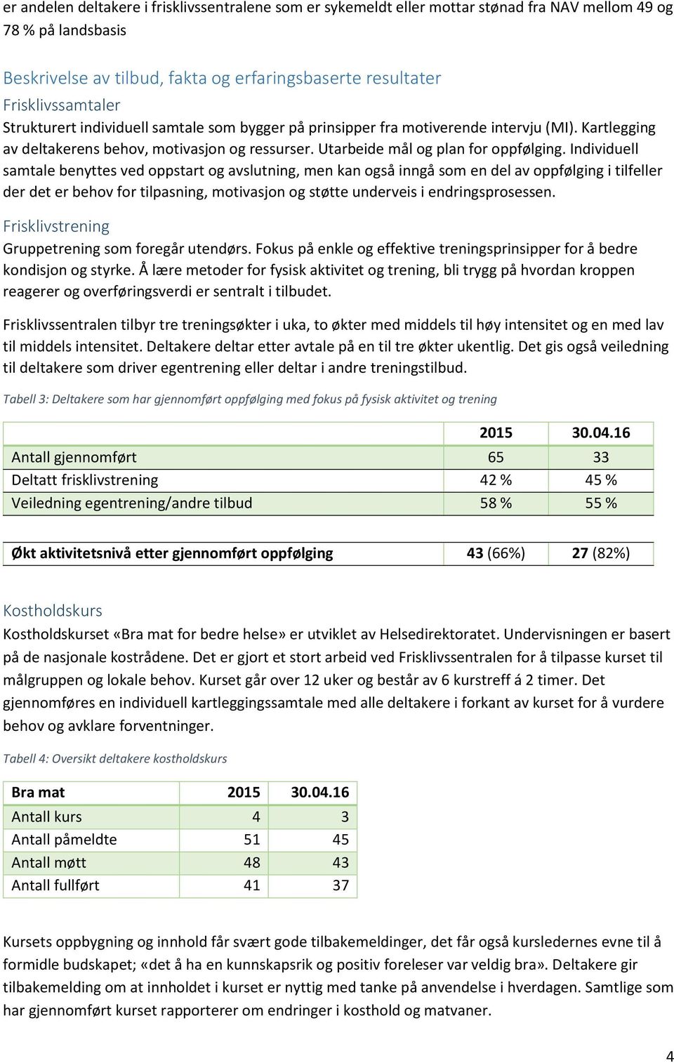 Individuell samtale benyttes ved oppstart og avslutning, men kan også inngå som en del av oppfølging i tilfeller der det er behov for tilpasning, motivasjon og støtte underveis i endringsprosessen.