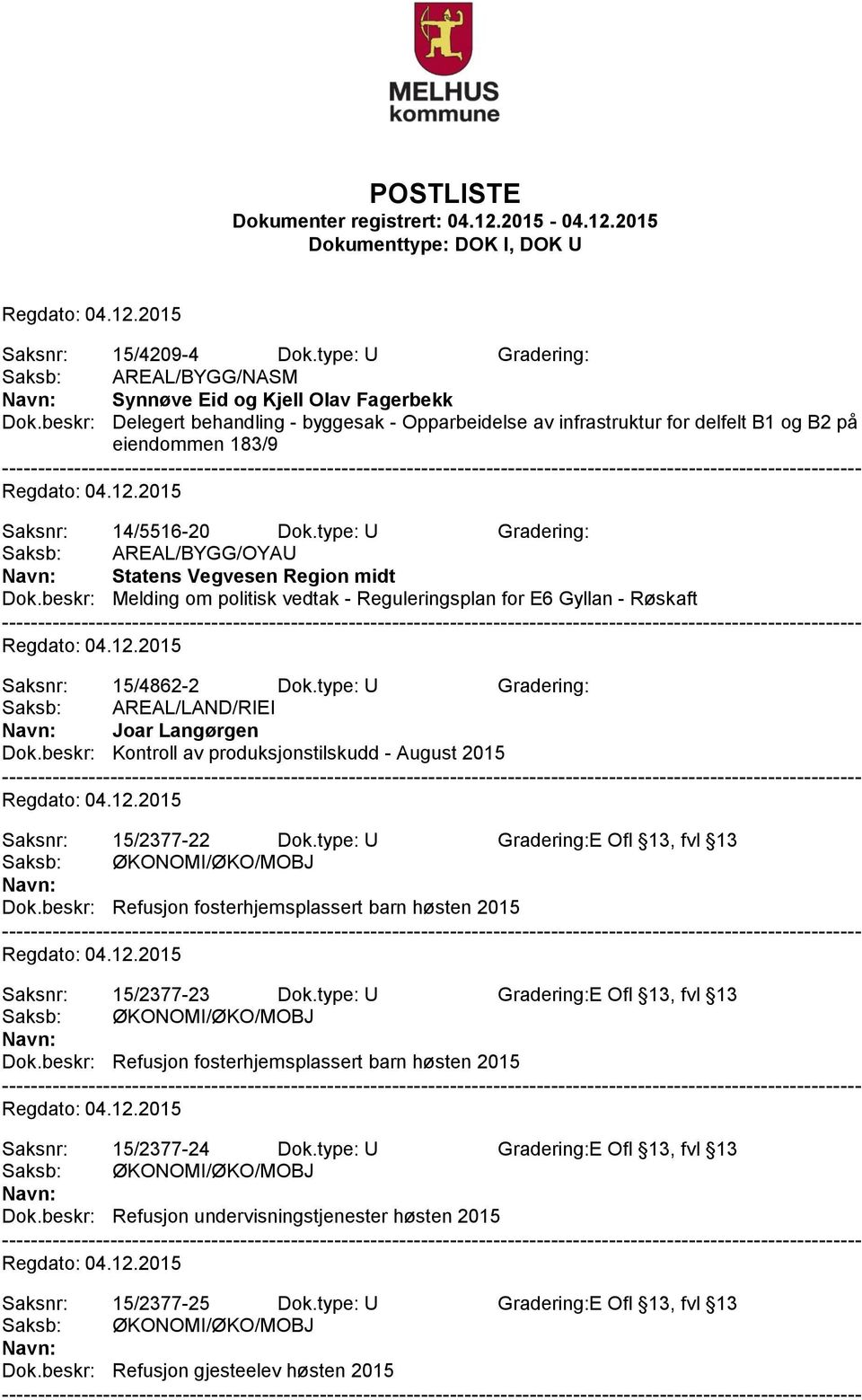 type: U Gradering: Saksb: AREAL/BYGG/OYAU Statens Vegvesen Region midt Dok.beskr: Melding om politisk vedtak - Reguleringsplan for E6 Gyllan - Røskaft Saksnr: 15/4862-2 Dok.