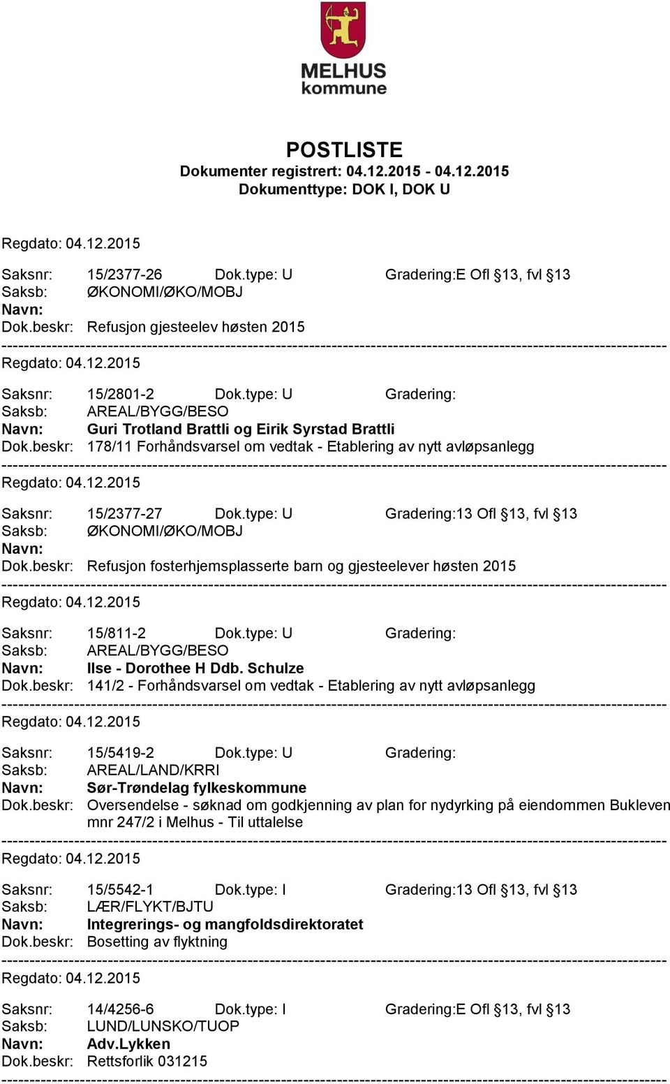 type: U Gradering:13 Ofl 13, fvl 13 Dok.beskr: Refusjon fosterhjemsplasserte barn og gjesteelever høsten 2015 Saksnr: 15/811-2 Dok.type: U Gradering: Saksb: AREAL/BYGG/BESO Ilse - Dorothee H Ddb.