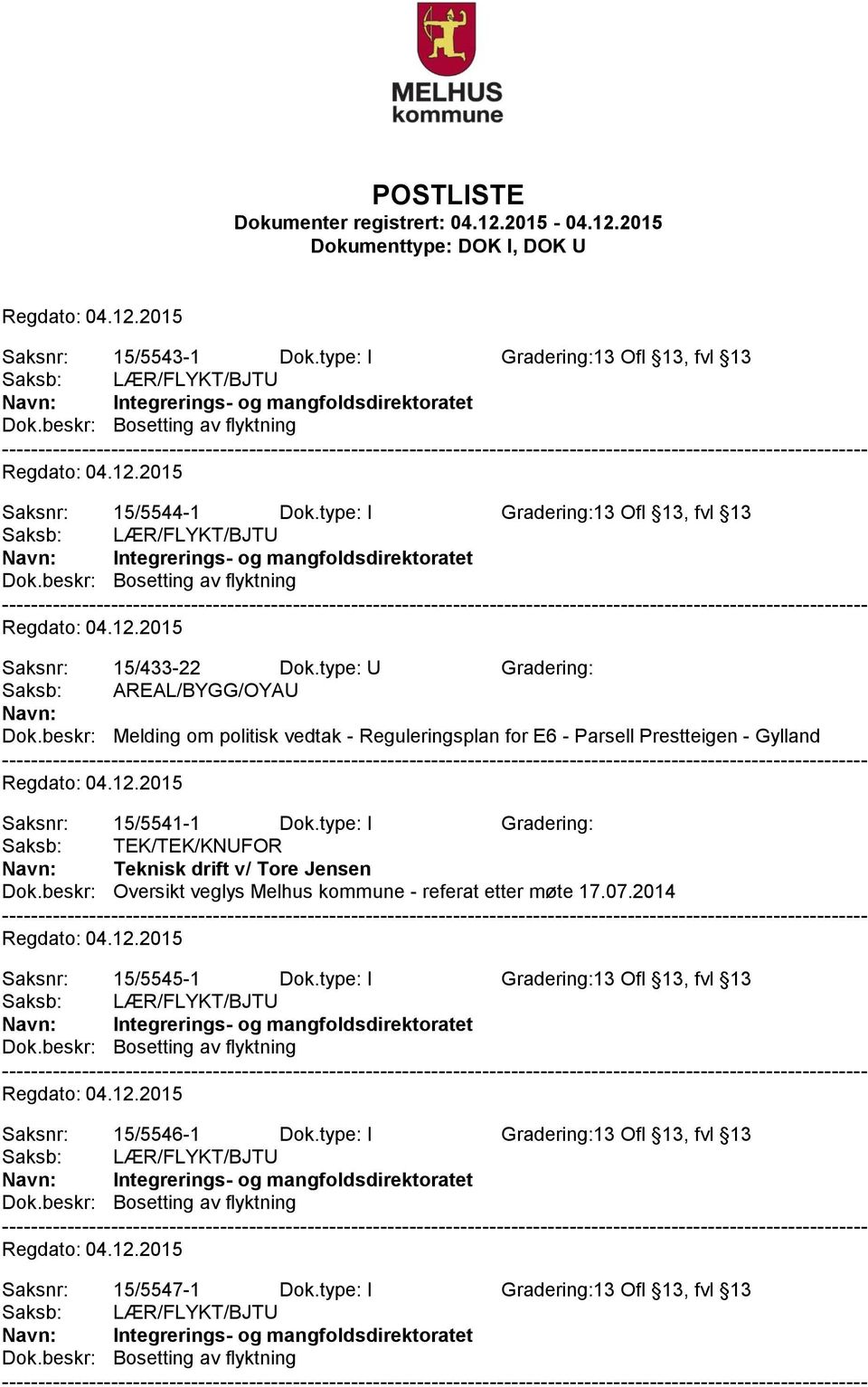 beskr: Melding om politisk vedtak - Reguleringsplan for E6 - Parsell Prestteigen - Gylland Saksnr: 15/5541-1 Dok.type: I Gradering: Saksb: TEK/TEK/KNUFOR Teknisk drift v/ Tore Jensen Dok.