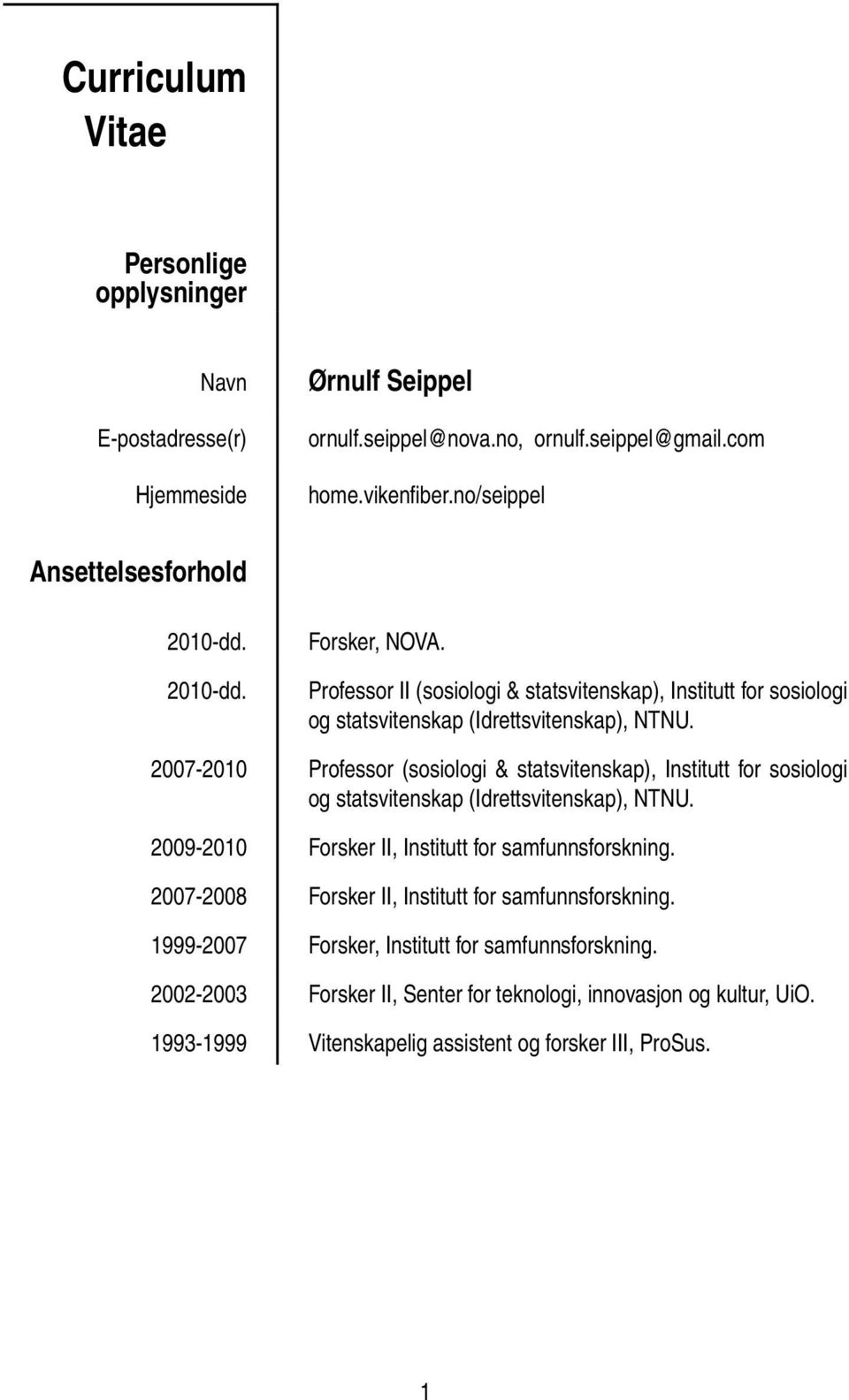 2007-2010 Professor (sosiologi & statsvitenskap), Institutt for sosiologi og statsvitenskap (Idrettsvitenskap), NTNU. 2009-2010 Forsker II, Institutt for samfunnsforskning.