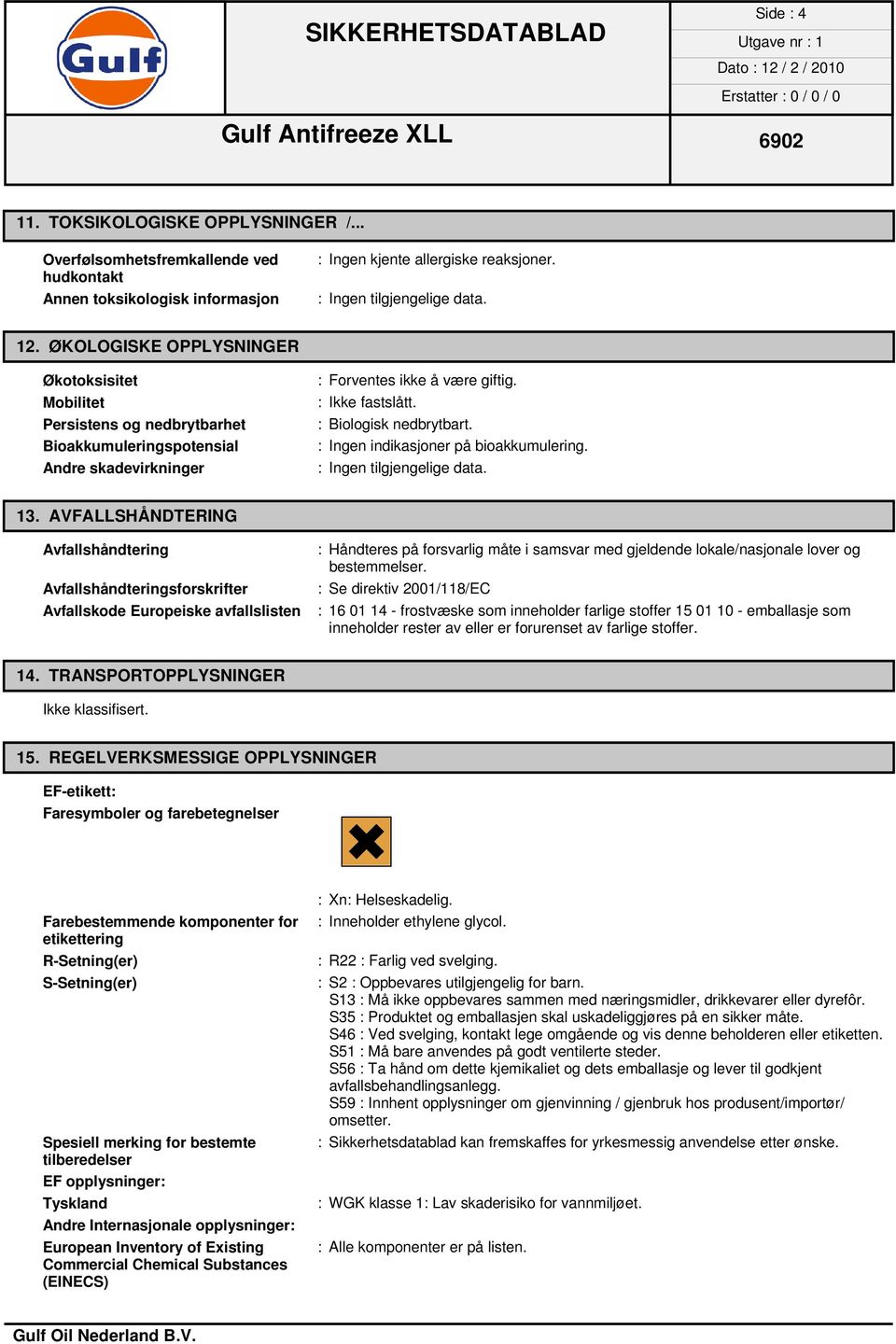 : Ingen indikasjoner på bioakkumulering. : Ingen tilgjengelige data. 13.