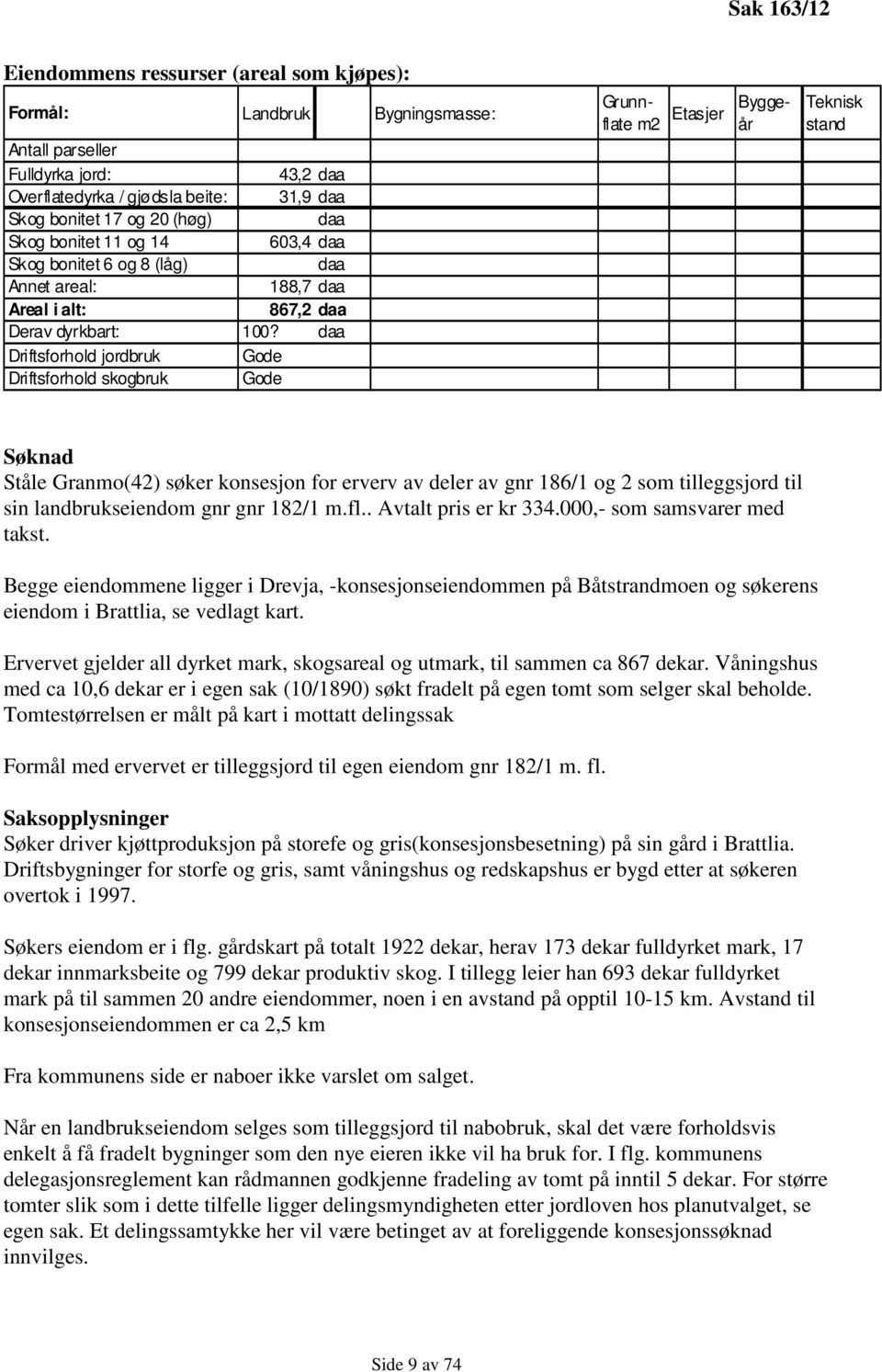 daa Driftsforhold jordbruk Driftsforhold skogbruk Gode Gode Grunnflate m2 Etasjer Byggeår Teknisk stand Søknad Ståle Granmo(42) søker konsesjon for erverv av deler av gnr 186/1 og 2 som tilleggsjord