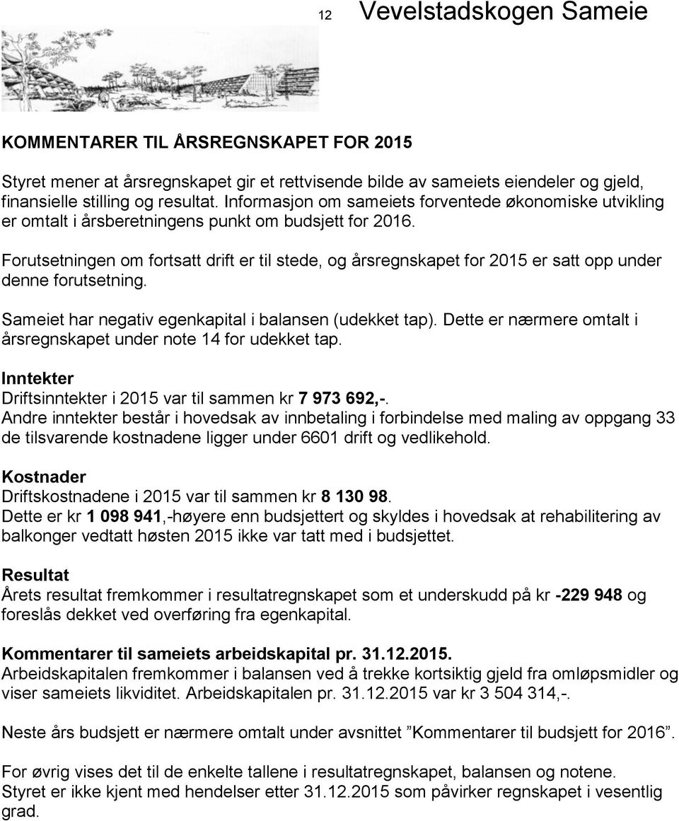 Forutsetningen om fortsatt drift er til stede, og årsregnskapet for 2015 er satt opp under denne forutsetning. Sameiet har negativ egenkapital i balansen (udekket tap).