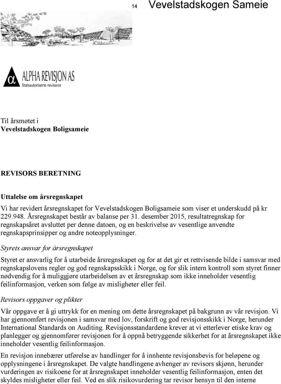 desember 2015, resultatregnskap for regnskapsåret avsluttet per denne datoen, og en beskrivelse av vesentlige anvendte regnskapsprinsipper og andre noteopplysninger.