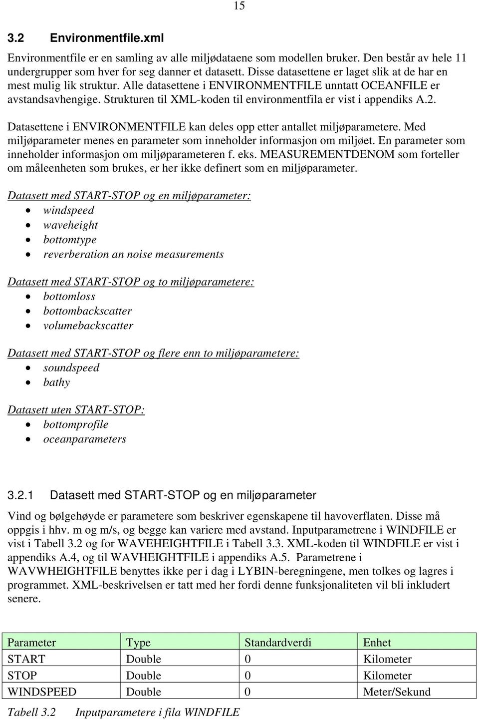 Strukturen til XML-koden til environmentfila er vist i appendiks A.2. Datasettene i ENVIRONMENTFILE kan deles opp etter antallet miljøparametere.