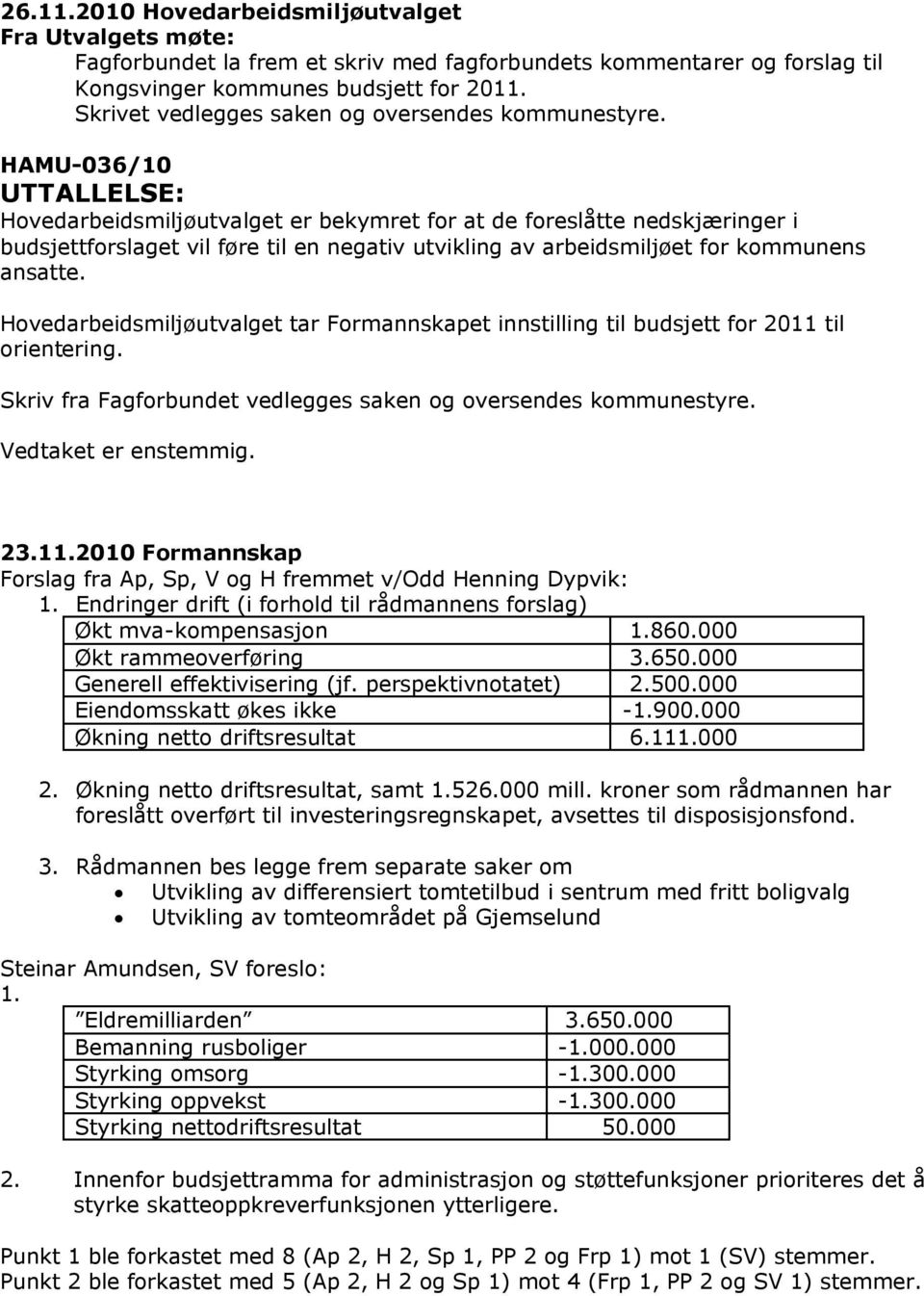 HAMU-036/10 UTTALLELSE: Hovedarbeidsmiljøutvalget er bekymret for at de foreslåtte nedskjæringer i budsjettforslaget vil føre til en negativ utvikling av arbeidsmiljøet for kommunens ansatte.