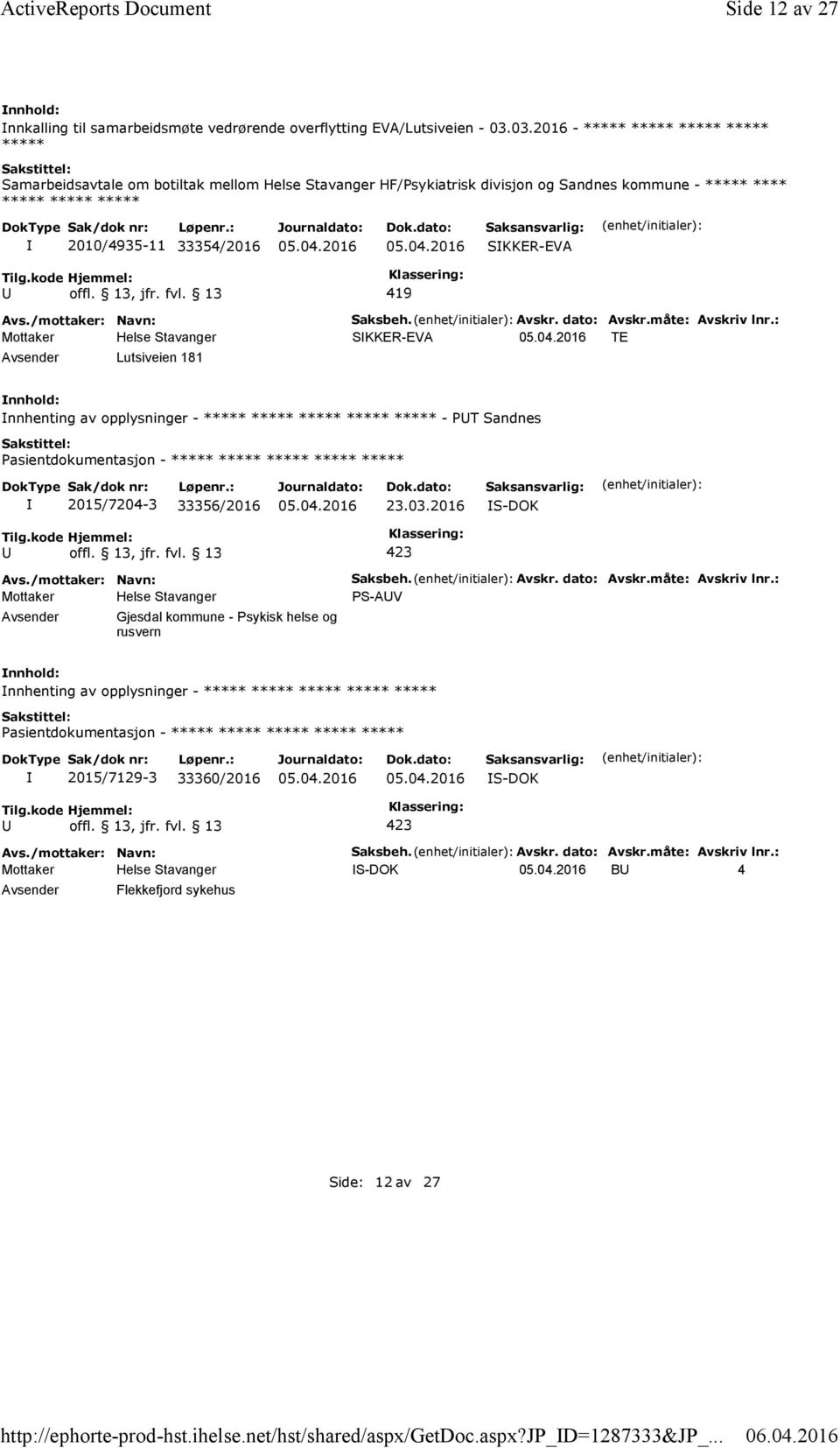 419 Saksbeh. Avskr. dato: Avskr.måte: Avskriv lnr.: SKKER-EVA TE Lutsiveien 181 nnhenting av opplysninger - ***** ***** ***** ***** ***** - PT Sandnes 2015/7204-3 33356/2016 23.03.