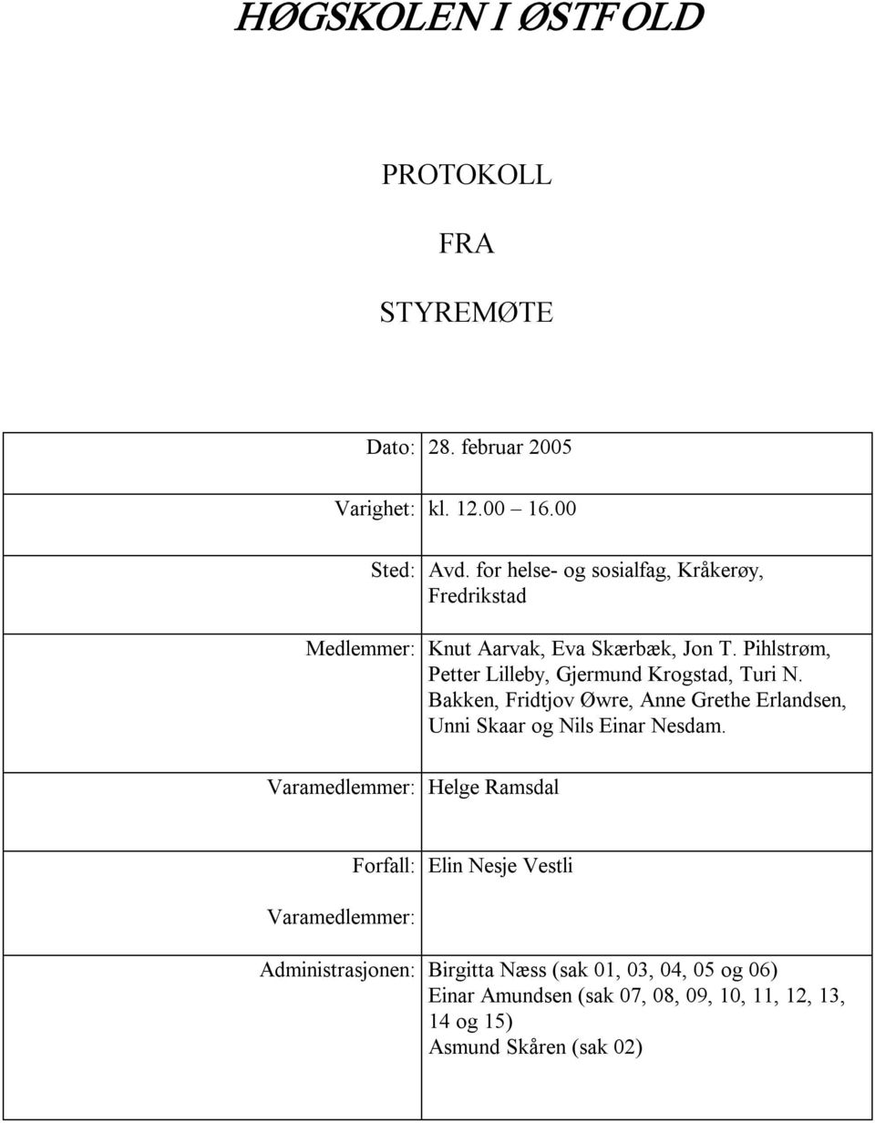 Pihlstrøm, Petter Lilleby, Gjermund Krogstad, Turi N. Bakken, Fridtjov Øwre, Anne Grethe Erlandsen, Unni Skaar og Nils Einar Nesdam.