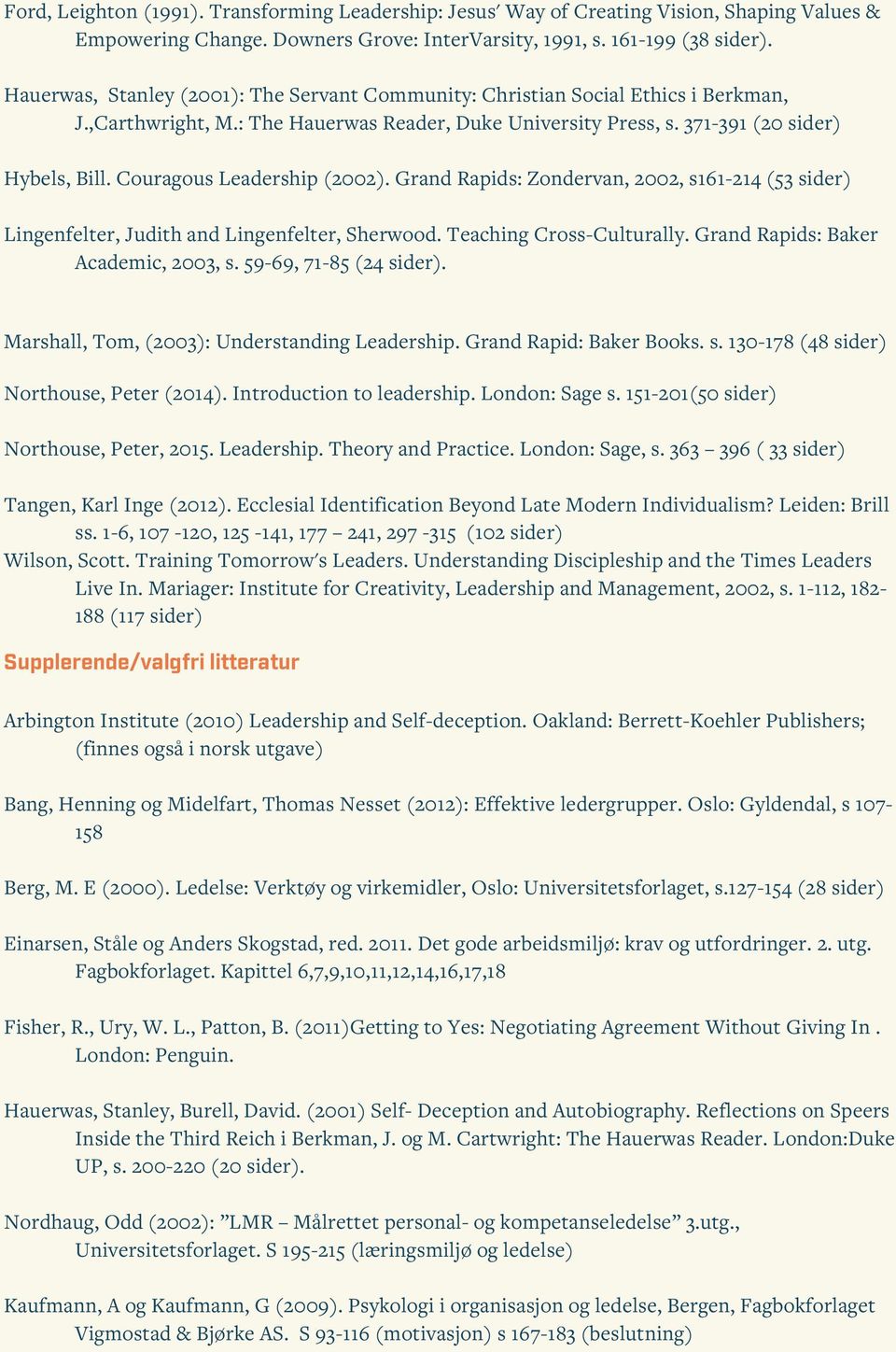 Couragous Leadership (2002). Grand Rapids: Zondervan, 2002, s161-214 (53 sider) Lingenfelter, Judith and Lingenfelter, Sherwood. Teaching Cross-Culturally. Grand Rapids: Baker Academic, 2003, s.