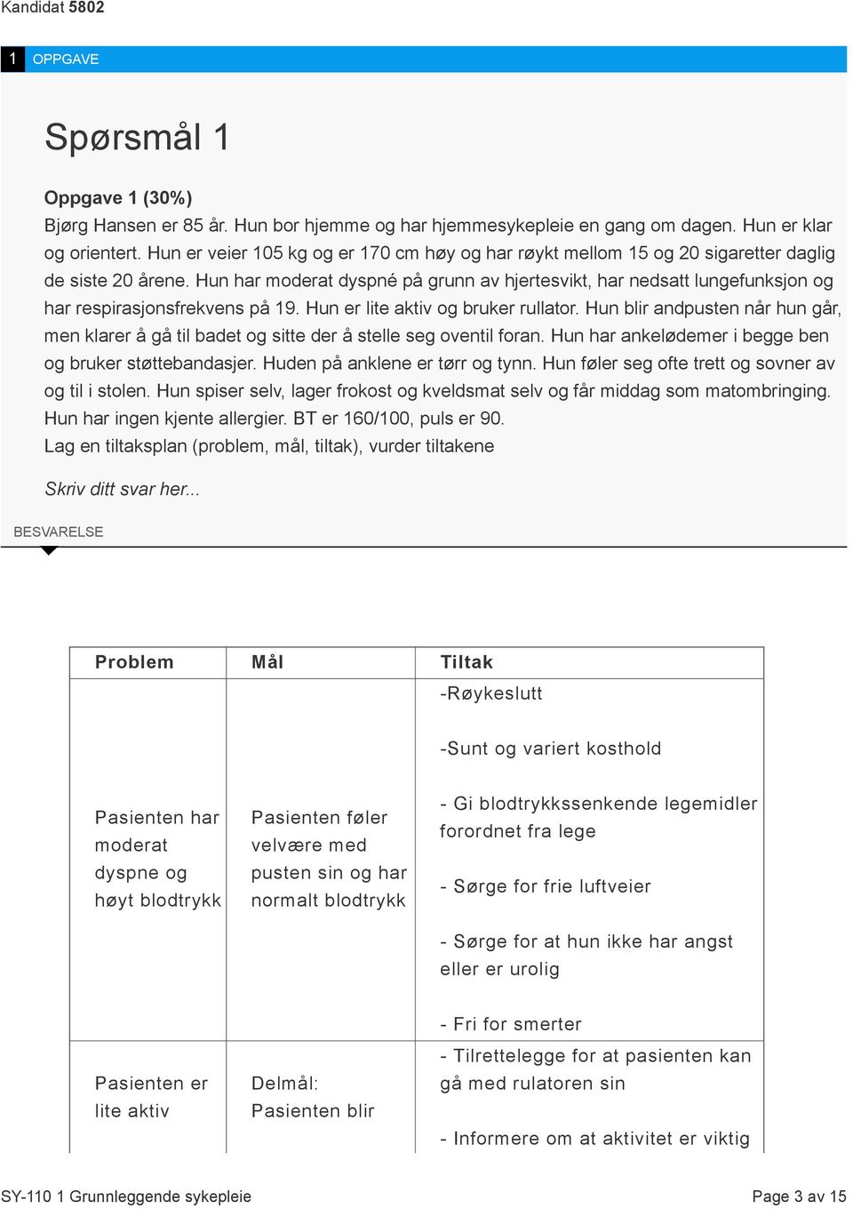 Hun har moderat dyspné på grunn av hjertesvikt, har nedsatt lungefunksjon og har respirasjonsfrekvens på 19. Hun er lite aktiv og bruker rullator.