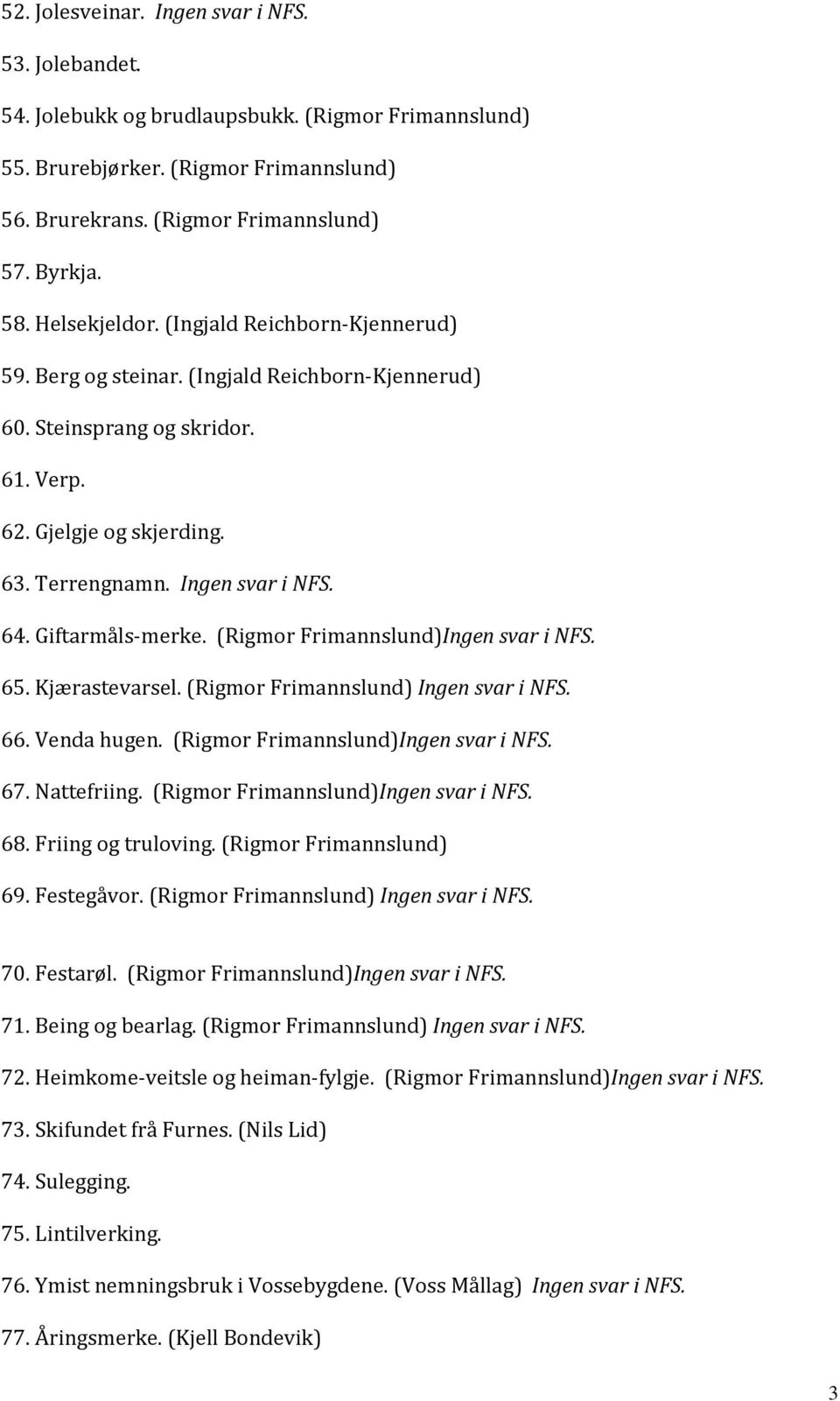 Giftarmåls-merke. (Rigmor Frimannslund)Ingen svar i NFS. 65. Kjærastevarsel. (Rigmor Frimannslund) Ingen svar i NFS. 66. Venda hugen. (Rigmor Frimannslund)Ingen svar i NFS. 67. Nattefriing.