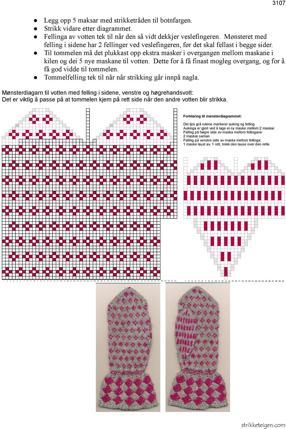 Til tommelen må det plukkast opp ekstra masker i overgangen mellom maskane i kilen og dei nye maskane til votten. Dette for å få finast mogleg overgang, og for å få god vidde til tommelen.