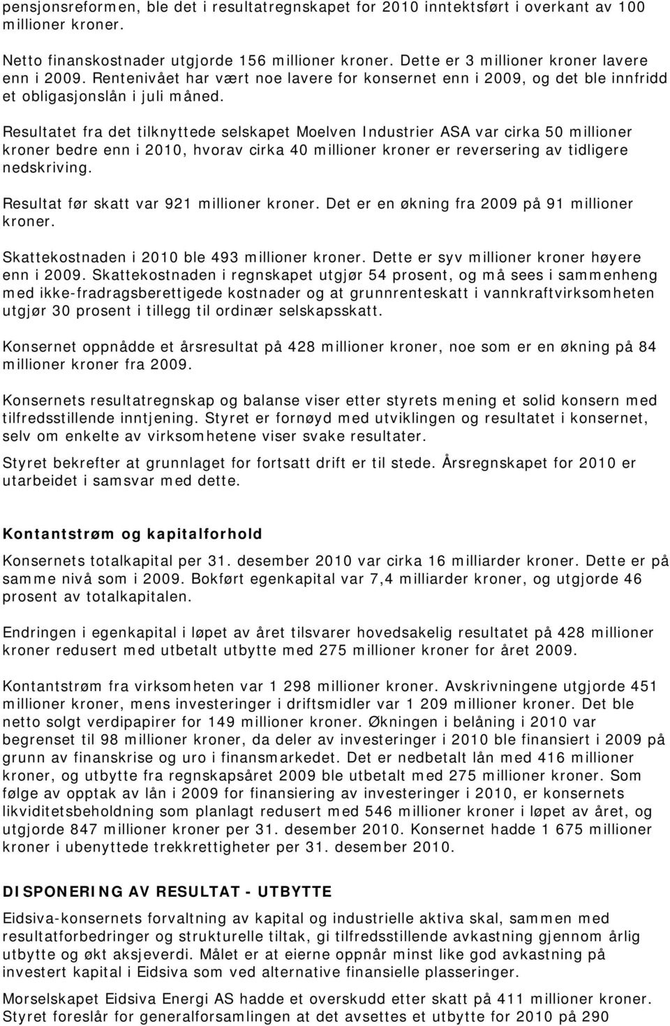 Resultatet fra det tilknyttede selskapet Moelven Industrier ASA var cirka 50 millioner kroner bedre enn i 2010, hvorav cirka 40 millioner kroner er reversering av tidligere nedskriving.