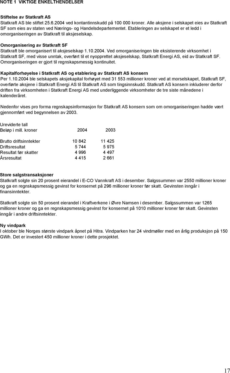 Omorganisering av Statkraft SF Statkraft ble omorganisert til aksjeselskap 1.10.2004.