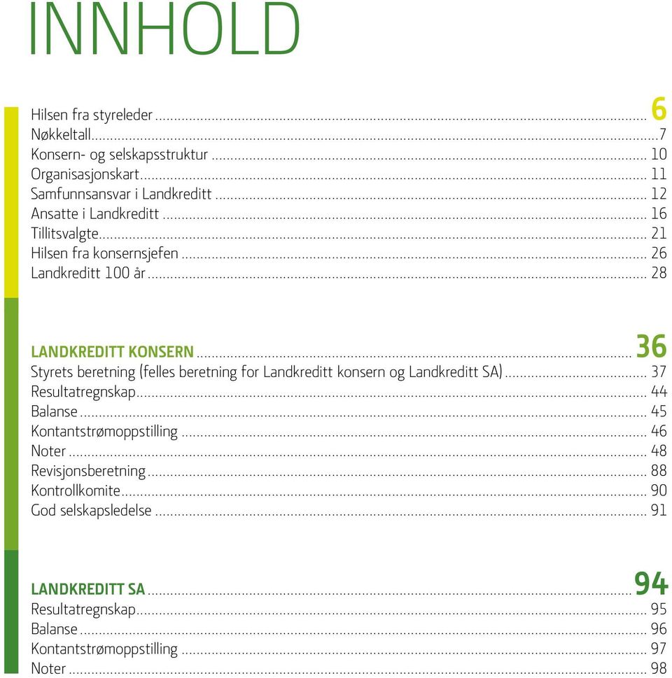 ..36 Styrets beretning (felles beretning for Landkreditt konsern og Landkreditt SA)... 37 Resultatregnskap... 44 Balanse... 45 Kontantstrømoppstilling.