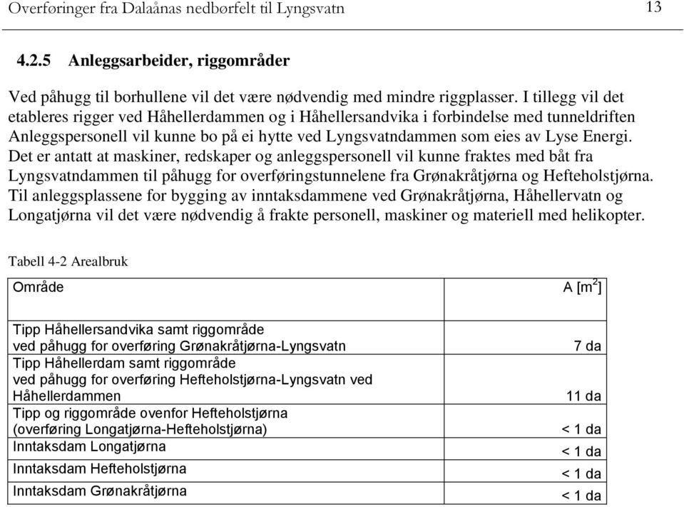 Det er antatt at maskiner, redskaper og anleggspersonell vil kunne fraktes med båt fra Lyngsvatndammen til påhugg for overføringstunnelene fra Grønakråtjørna og Hefteholstjørna.