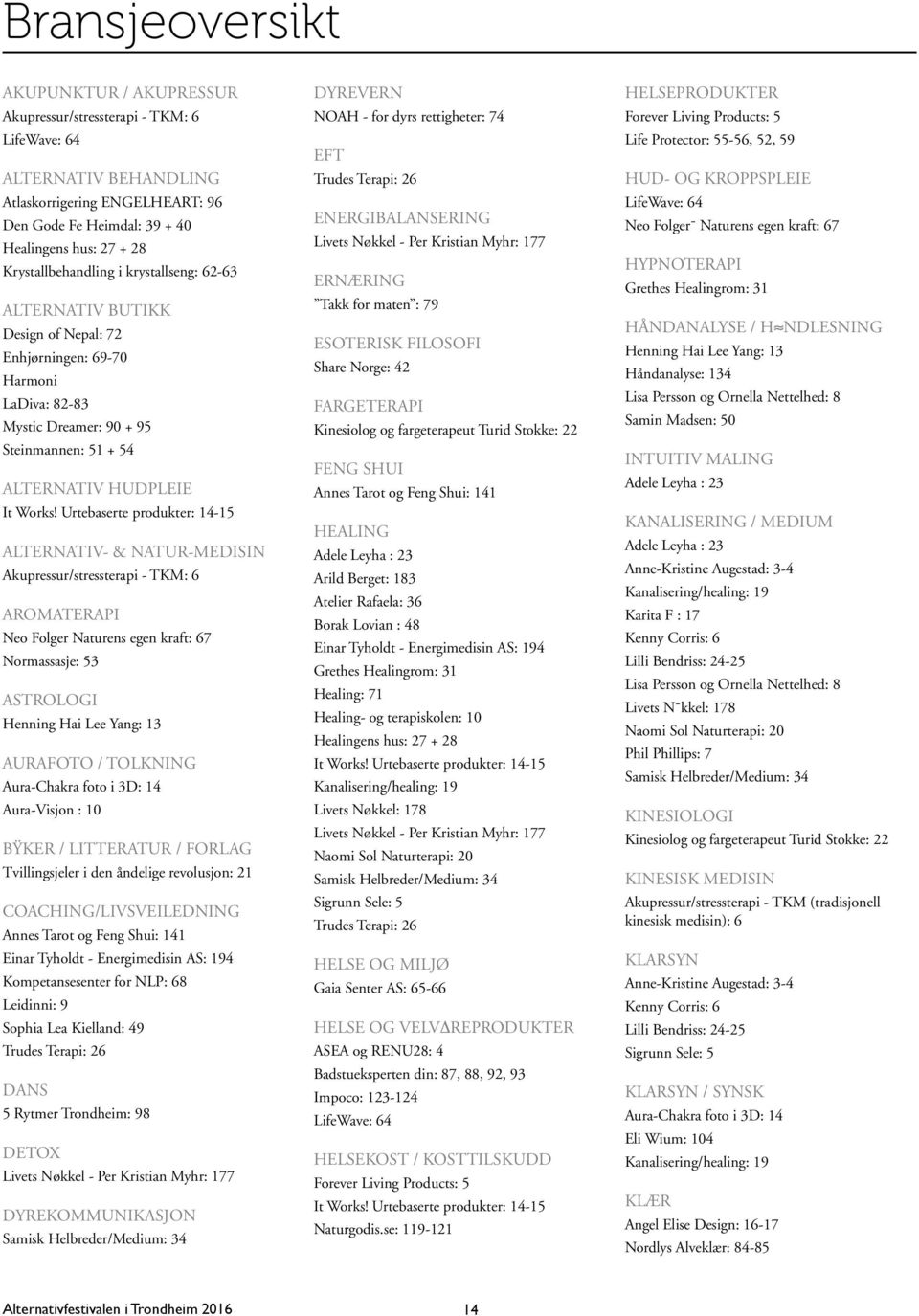 Urtebaserte produkter: 14-15 ALTERNATIV- & NATUR-MEDISIN Akupressur/stressterapi - TKM: 6 AROMATERAPI Neo Folger Naturens egen kraft: 67 Normassasje: 53 ASTROLOGI Henning Hai Lee Yang: 13 AURAFOTO /