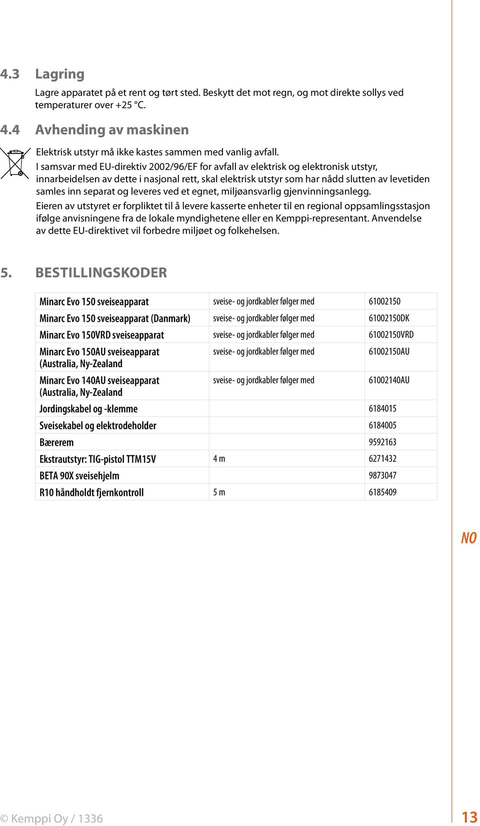 I samsvar med EU-direktiv 2002/96/EF for avfall av elektrisk og elektronisk utstyr, innarbeidelsen av dette i nasjonal rett, skal elektrisk utstyr som har nådd slutten av levetiden samles inn separat