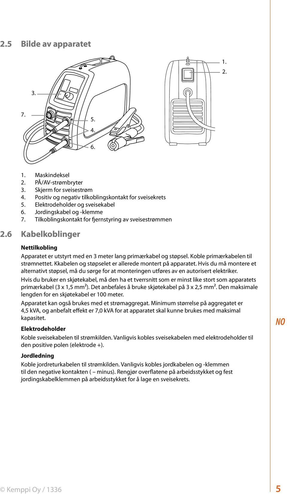 Koble primærkabelen til strømnettet. Kkabelen og støpselet er allerede montert på apparatet.