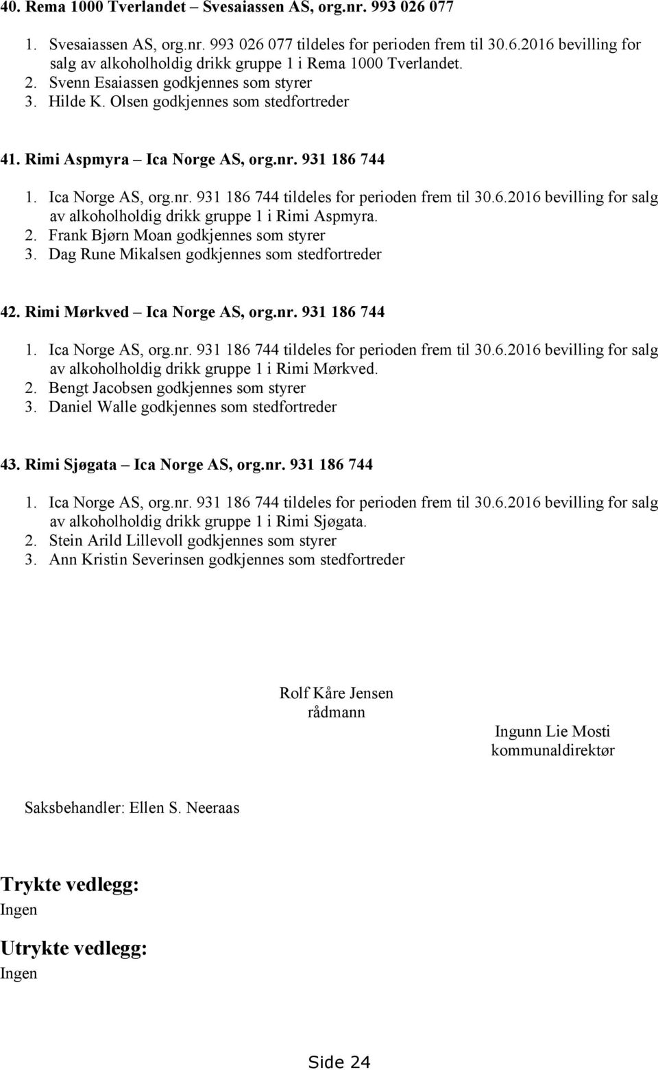 Frank Bjørn Moan godkjennes som styrer 3. Dag Rune Mikalsen godkjennes som stedfortreder 42. Rimi Mørkved Ica Norge AS, org.nr. 931 186 744 av alkoholholdig drikk gruppe 1 i Rimi Mørkved. 2.