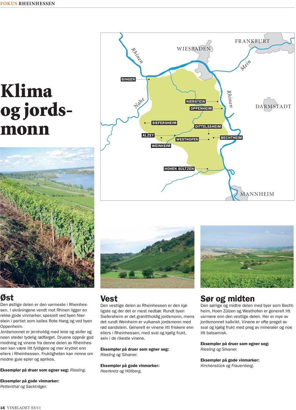 I skråningene vendt mot Rhinen ligger en rekke gode vinmarker, spesielt ved byen Nierstein i partiet som kalles Rote Hang og ved byen Oppenheim.