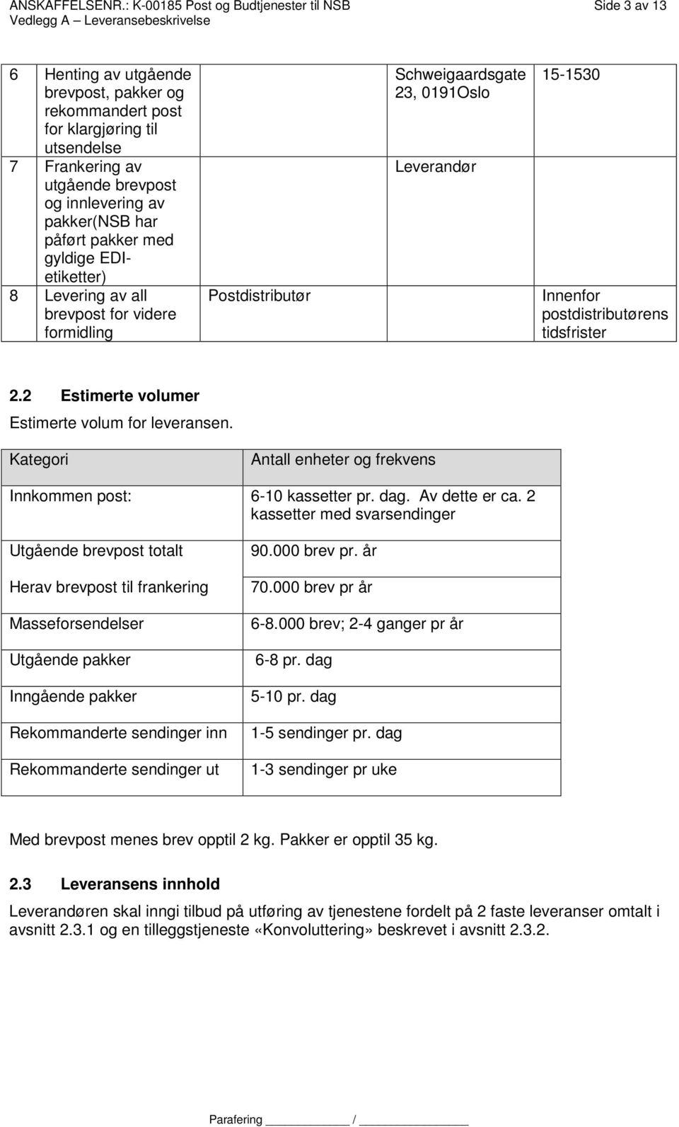 pakker(nsb har påført pakker med gyldige EDIetiketter) 8 Levering av all brevpost for videre formidling Postdistributør Schweigaardsgate 23, 0191Oslo Leverandør 15-1530 Innenfor postdistributørens