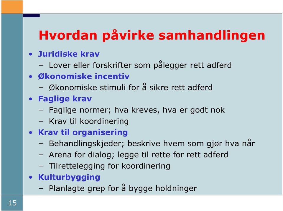 Krav til koordinering Krav til organisering Behandlingskjeder; beskrive hvem som gjør hva når Arena for dialog;