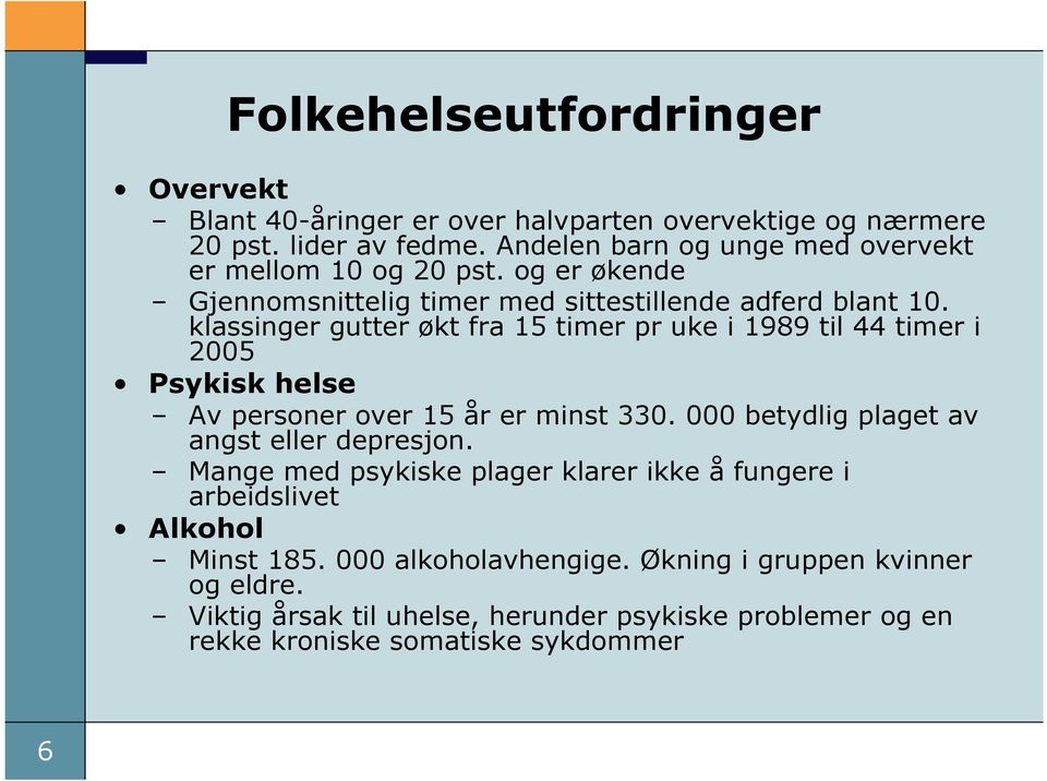 klassinger gutter økt fra 15 timer pr uke i 1989 til 44 timer i 2005 Psykisk helse Av personer over 15 år er minst 330.