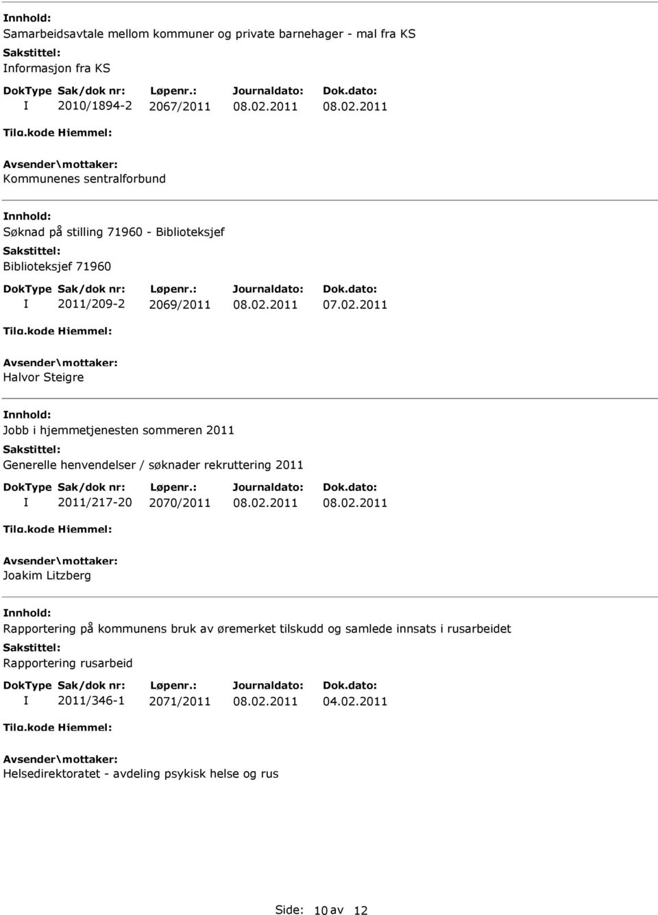2011 Generelle henvendelser / søknader rekruttering 2011 2011/217-20 2070/2011 Joakim Litzberg nnhold: Rapportering på kommunens bruk av