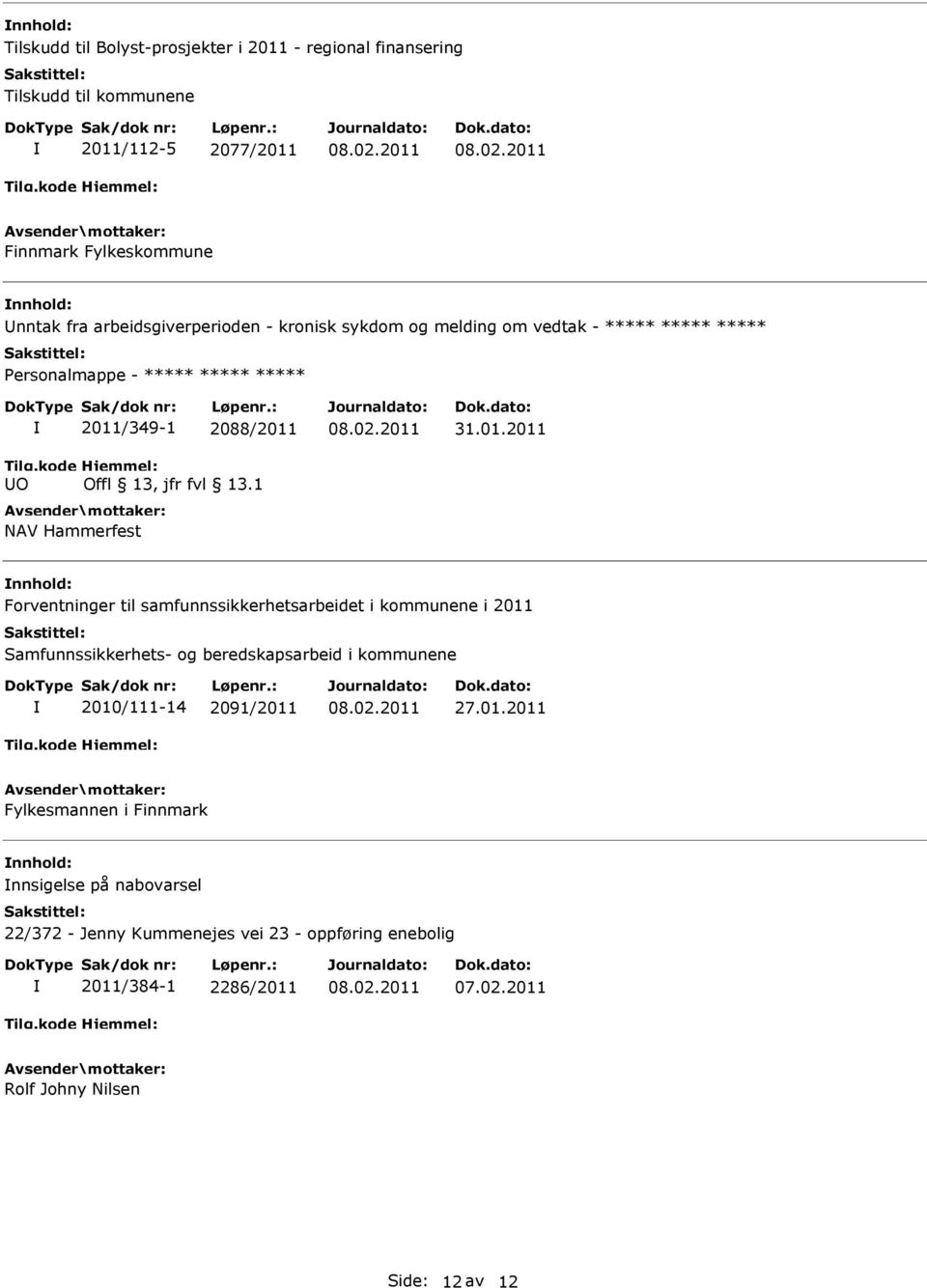 kode UO 2011/349-1 2088/2011 Hjemmel: Offl 13, jfr fvl 13.1 NAV Hammerfest 31.01.2011 nnhold: Forventninger til samfunnssikkerhetsarbeidet i kommunene i 2011 Samfunnssikkerhets- og beredskapsarbeid i kommunene 2010/111-14 2091/2011 27.