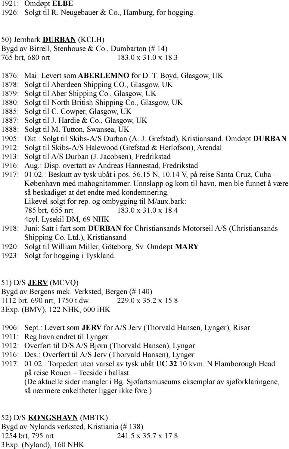 , Glasgow, UK 1880: Solgt til North British Shipping Co., Glasgow, UK 1885: Solgt til C. Cowper, Glasgow, UK 1887: Solgt til J. Hardie & Co., Glasgow, UK 1888: Solgt til M.