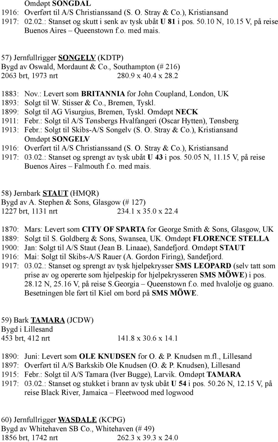 : Levert som BRITANNIA for John Coupland, London, UK 1893: Solgt til W. Stisser & Co., Bremen, Tyskl. 1899: Solgt til AG Visurgius, Bremen, Tyskl. Omdøpt NECK 1911: Febr.