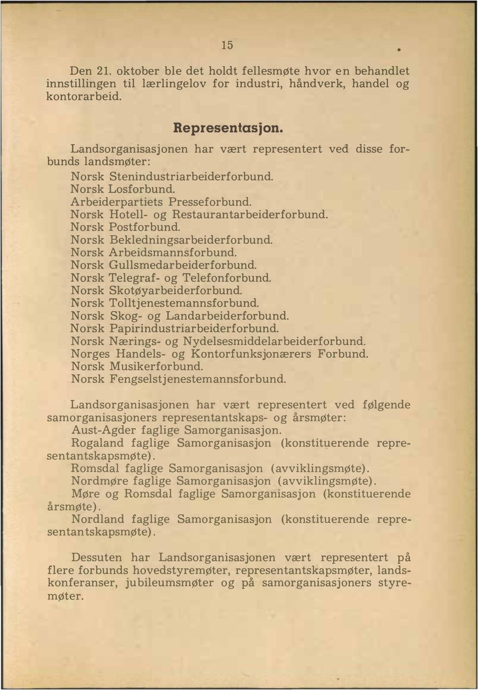 Norsk Postforbund. Norsk Bekledningsarbeiderforbund. Norsk Arbeidsmannsforbund. Norsk Gullsmedarbeiderforbund. Norsk Telegraf og Telefonforbund. Norsk SkotØyarbeiderforbund.