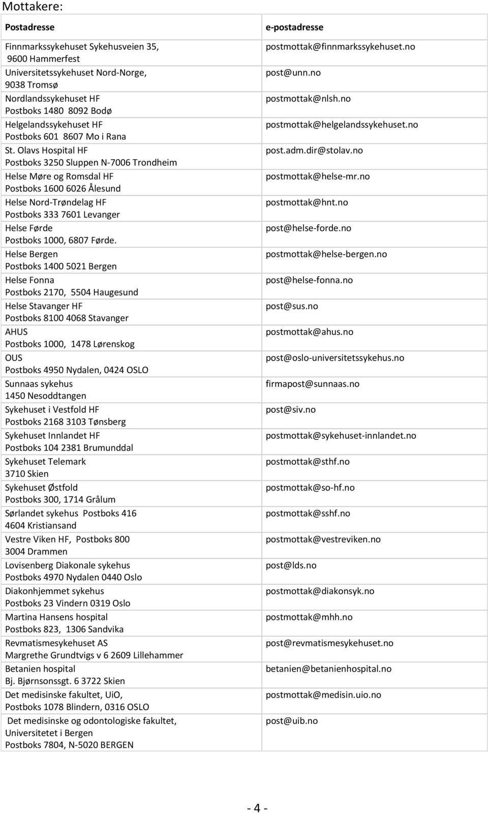 Olavs Hospital HF Postboks 3250 Sluppen N-7006 Trondheim Helse Møre og Romsdal HF Postboks 16006026 Ålesund Helse Nord-Trøndelag HF Postboks 3337601 Levanger Helse Førde Postboks 1000, 6807 Førde.