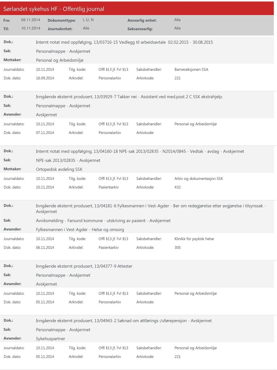 2014 Arkivdel: Personalarkiv Arkivkode: Internt notat med oppfølging, 13/04160-18 NPE-sak 2013/02835 - N2014/0845 - Vedtak - avslag - NPE-sak 2013/02835 - Ortopedisk avdeling SSK Arkiv og