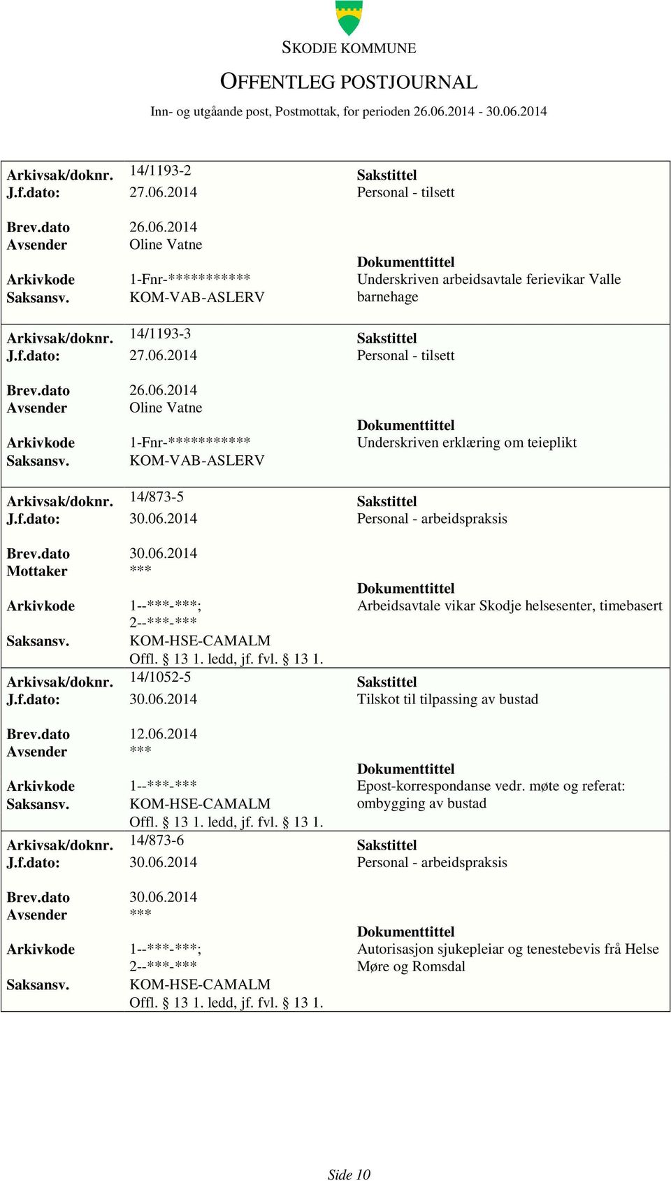 2014 Personal - arbeidspraksis 1--***-***; KOM-HSE-CAMALM Arbeidsavtale vikar Skodje helsesenter, timebasert Arkivsak/doknr. 14/1052-5 Sakstittel J.f.dato: 30.06.