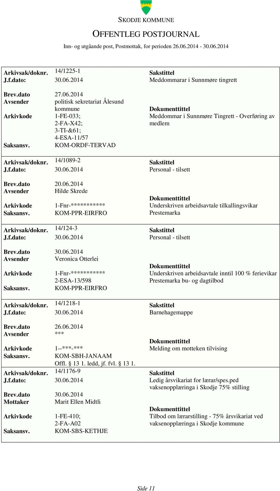 2014 Avsender politisk sekretariat Ålesund kommune 1-FE-033; 2-FA-X42; 3-TI-&61; 4-ESA-11/57 KOM-ORDF-TERVAD Meddommar i Sunnmøre Tingrett - Overføring av medlem Arkivsak/doknr.