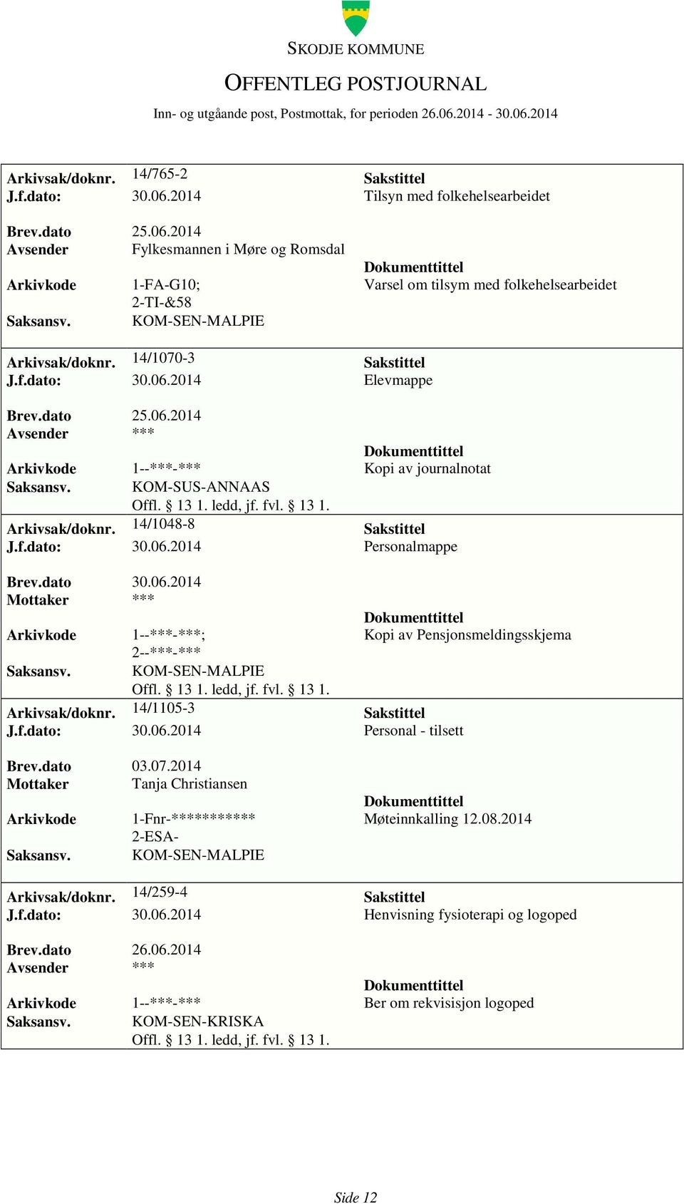 06.2014 Elevmappe 1--***-*** Kopi av journalnotat KOM-SUS-ANNAAS Arkivsak/doknr. 14/1048-8 Sakstittel J.f.dato: 30.06.2014 Personalmappe 1--***-***; KOM-SEN-MALPIE Arkivsak/doknr.