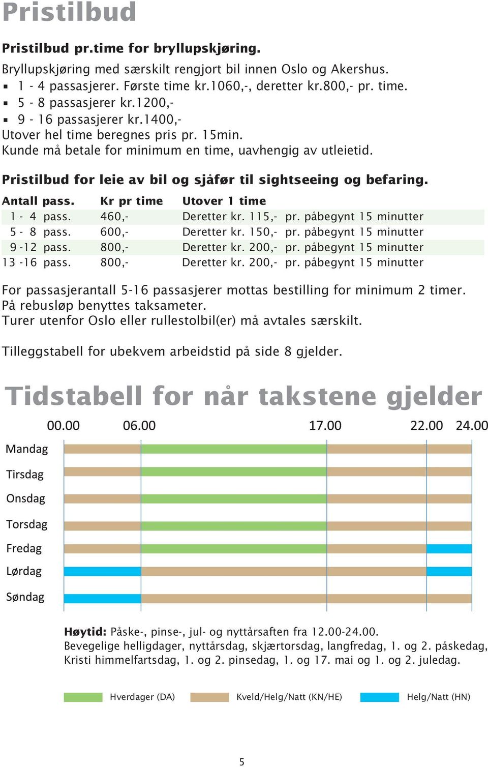 Pristilbud for leie av bil og sjåfør til sightseeing og befaring. Antall pass. Kr pr time Utover 1 time 1-4 pass. 460,- Deretter kr. 115,- pr. påbegynt 15 minutter 5-8 pass. 600,- Deretter kr.