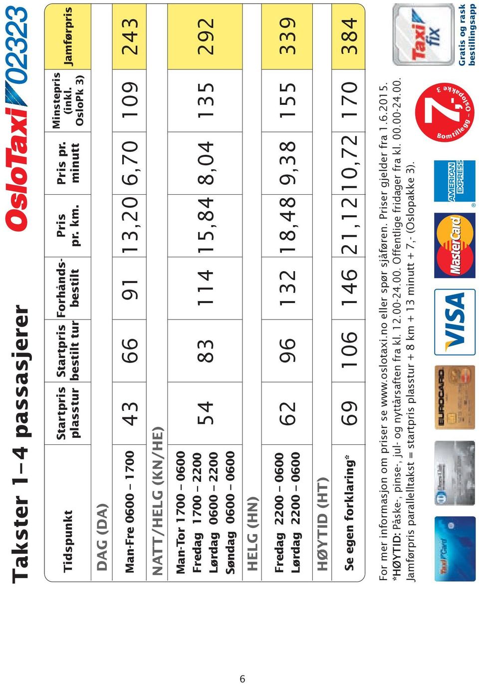 (HN) Fredag 2200 0600 Lørdag 2200 0600 62 96 132 18,48 9,38 155 339 HØYTID (HT) Se egen forklaring* 69 106 146 21,12 10,72 170 384 For mer informasjon om priser se www.oslotaxi.no eller spør sjåføren.