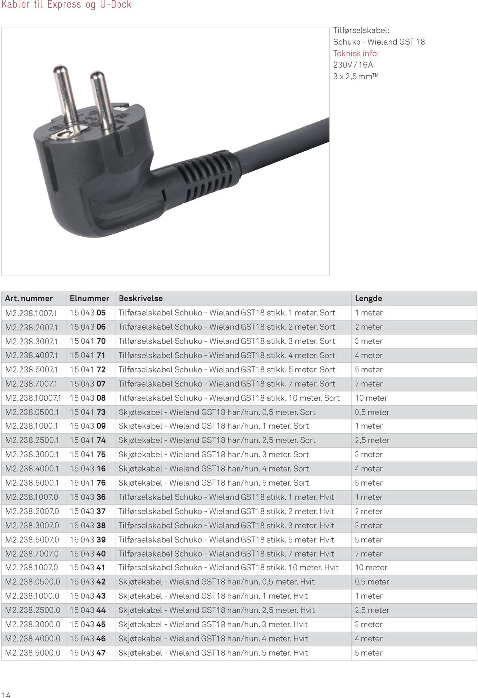 1 15 041 70 Tilførselskabel Schuko - Wieland GST18 stikk. 3 meter. Sort 3 meter M2.238.4007.1 15 041 71 Tilførselskabel Schuko - Wieland GST18 stikk. 4 meter. Sort 4 meter M2.238.5007.